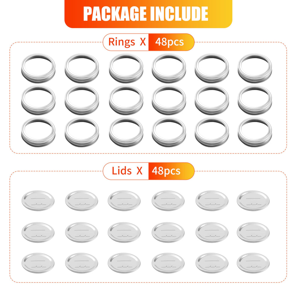96Pcs/48 sets Canning Lids with Rings for Regular Mouth Canning Jars, Split-Type Metal Mason Jar Lids with Silicone Seals Rings Leak Proof and Secure for Regular Mouth Ball, Kerr Mason Jars (70 mm)