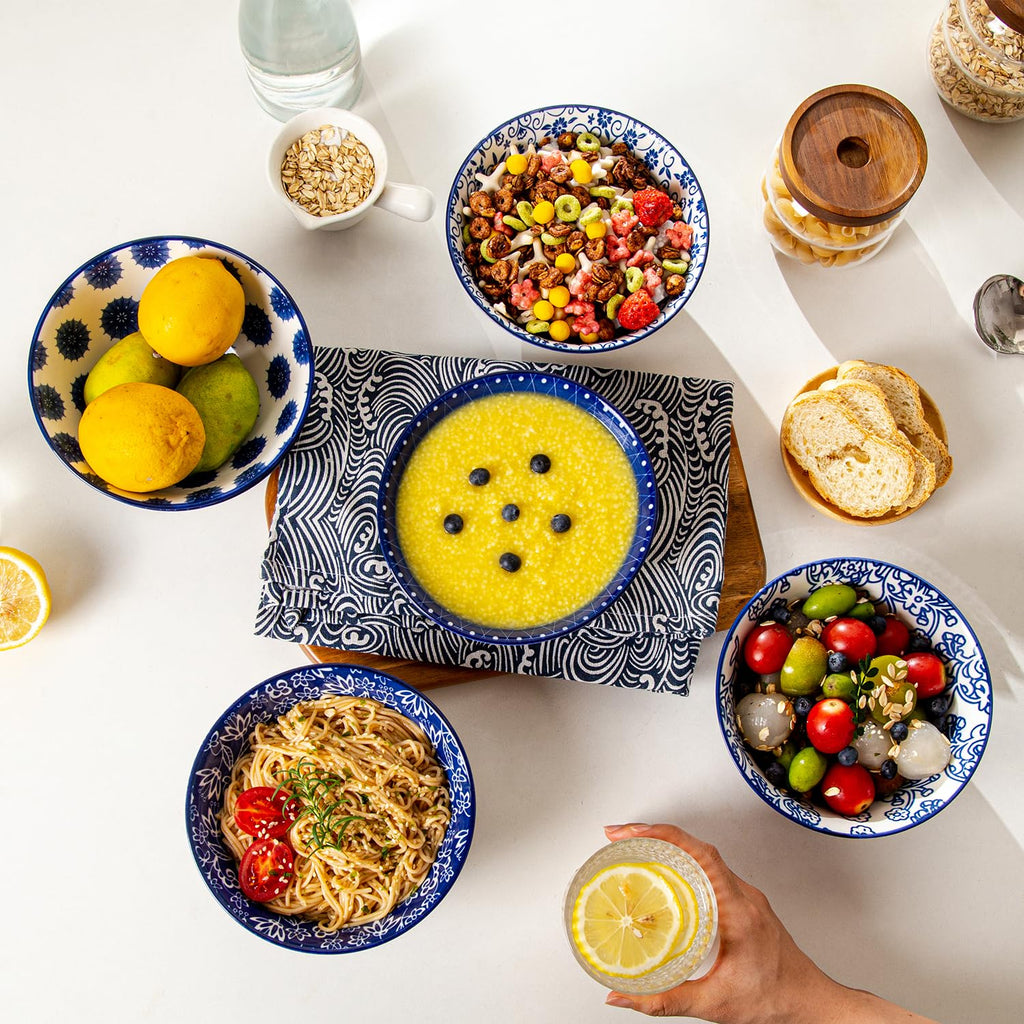 Cerkik Ceramic Soup Bowls Set – 24 Oz / 680 ml Deep Cereal Bowls, 6 Inch / 15.8 cm Large Porcelain Dinner Bowls for Salad, Pasta, Dessert, Oatmeal – Microwave Dishwasher Safe – Set of 6 – Vintage Blue