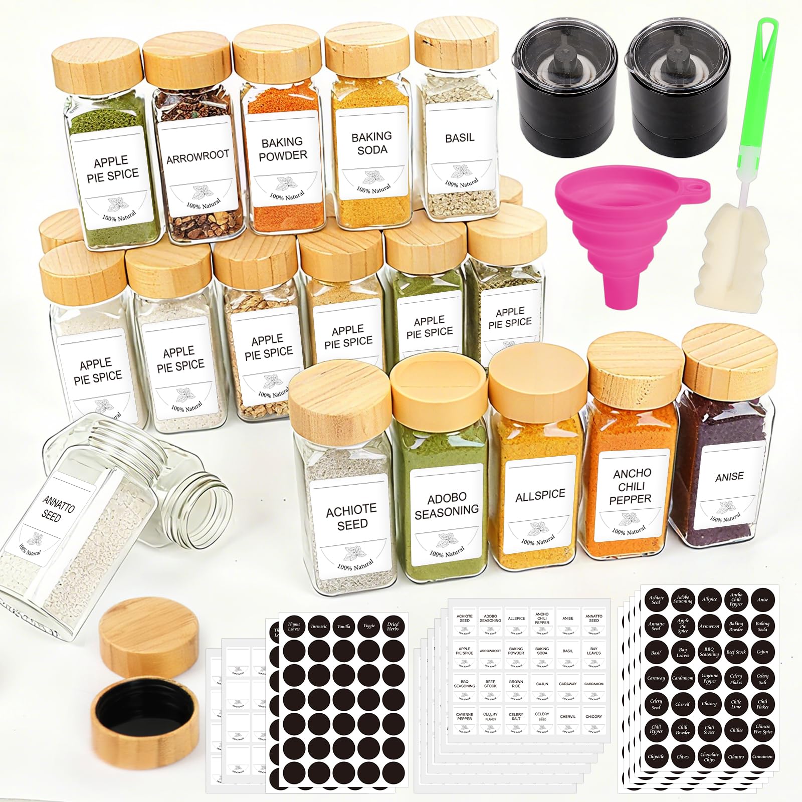 4oz Glass Spice Jars with Bamboo Lids, 24 Pack Empty Square Spice Bottles with Grinder, Stickers and Brush for Cabinet, Drawer, Rack, Pantry, Kitchen and Seasoning Organizer