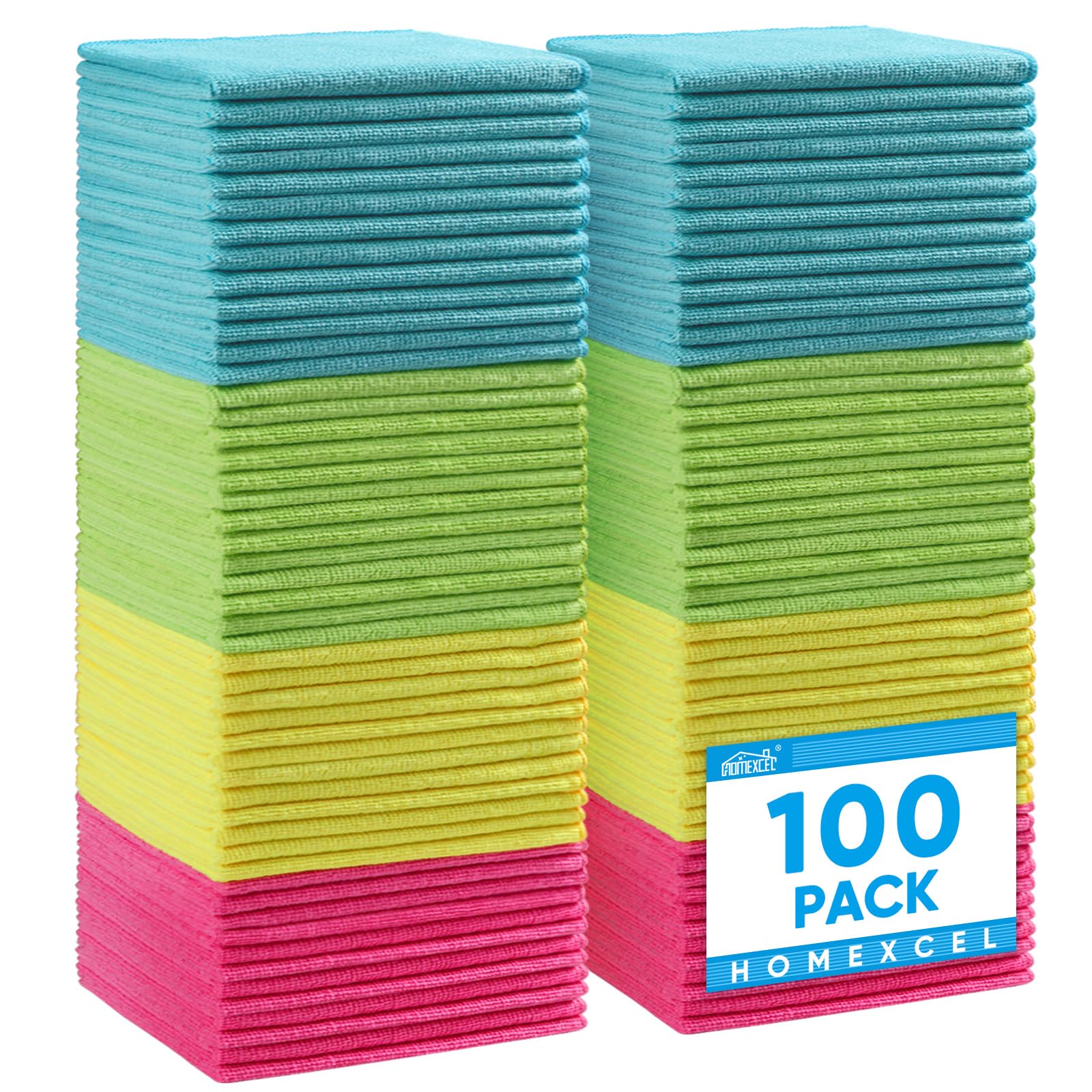 HOMEXCEL Microfiber Cleaning Cloth,100Pack Cleaning Rag,Cleaning Towels with 4 Color Assorted,11.5"X11.5"(Green/Blue/Yellow/Pink)