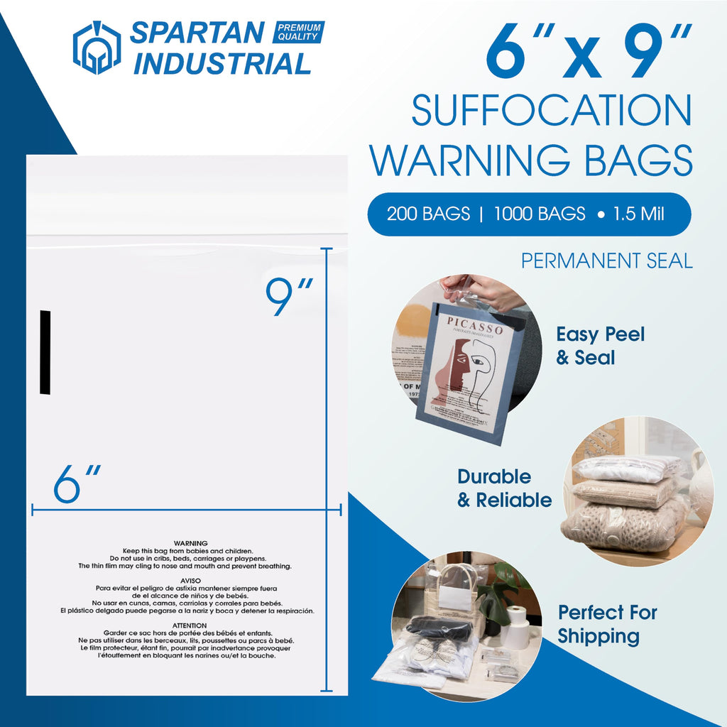 Spartan Industrial - 6” X 9” (200 Count) Self Seal Clear Poly Bags with Suffocation Warning for Packaging & Shipping - Permanent Adhesive