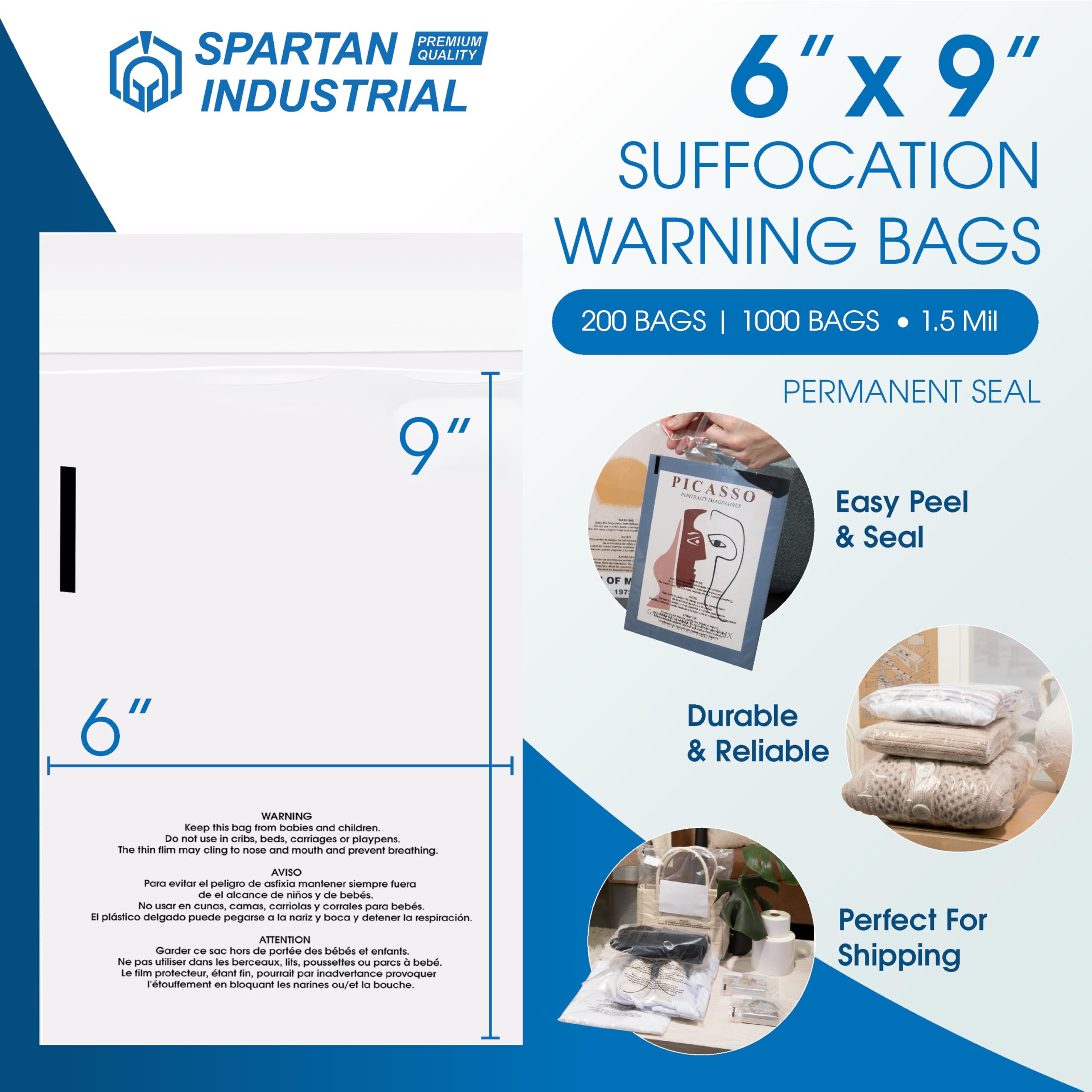 Spartan Industrial - 6” X 9” (200 Count) Self Seal Clear Poly Bags with Suffocation Warning for Packaging & Shipping - Permanent Adhesive