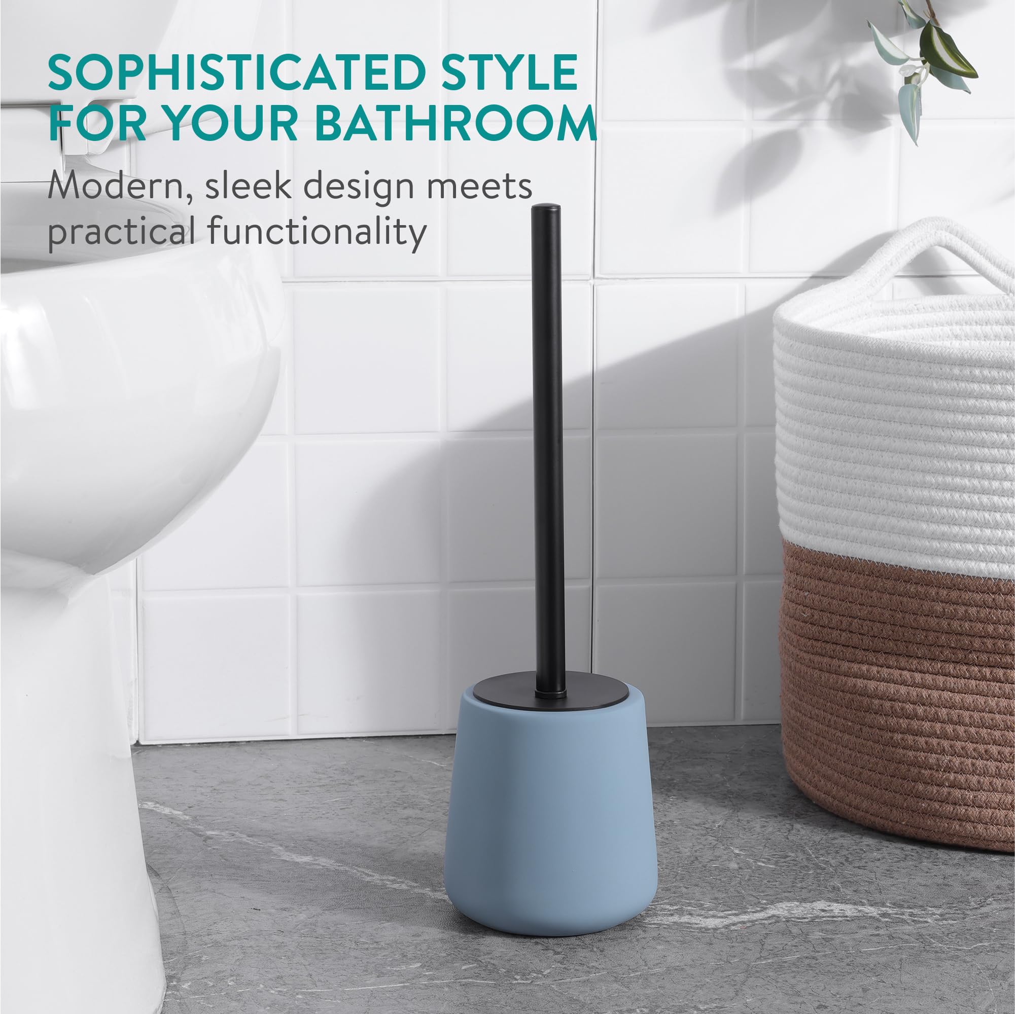 Navaris Toilet Brush and Holder Set, Blue - Toilet Brushes & Holders - Soft Touch & Rubber Coated Loo Brush with Stainless Steel Handle - Adjustable Silicone Water Stopper