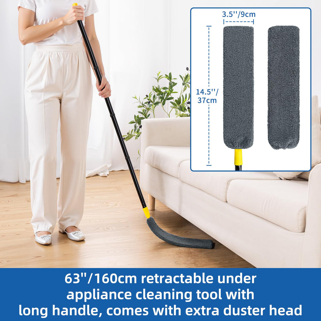 Qaestfy Under Appliance Cleaning Tool with Long Handle, 2 Reusable Microfiber Pads, 5 Disposable Dusting Cloths, Retractable Flat Gap Duster for Behind Fridge, Washer, Bed, Furniture