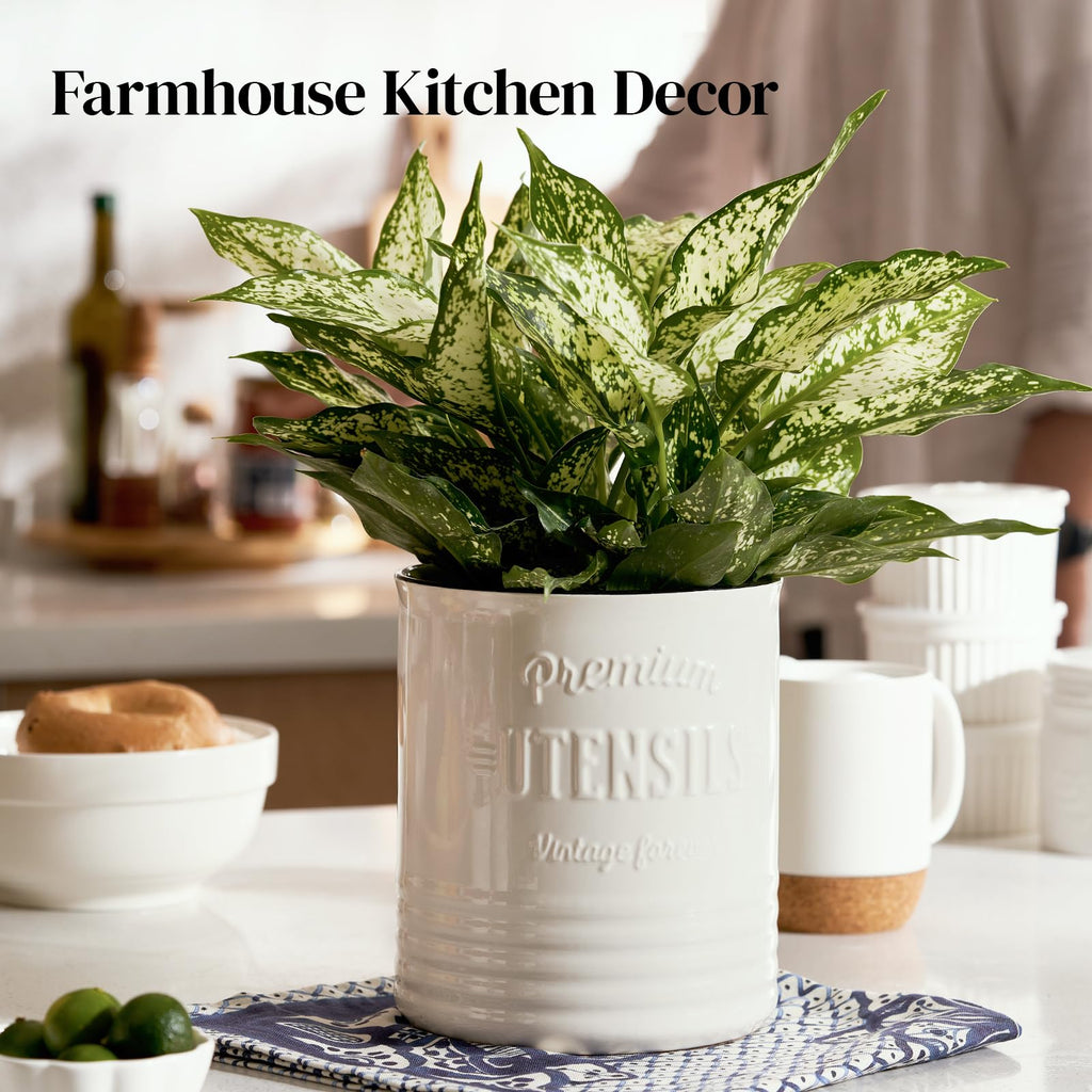 DOWAN Kitchen Utensil Holder, 7.2″ Extra Large Ceramic Utensil Crock, White Utensil Caddy, Rustic Farmhouse Kitchen Décor, Countertop Utensil Organizer with Table-Protection Cork Mat, Deep and Stable