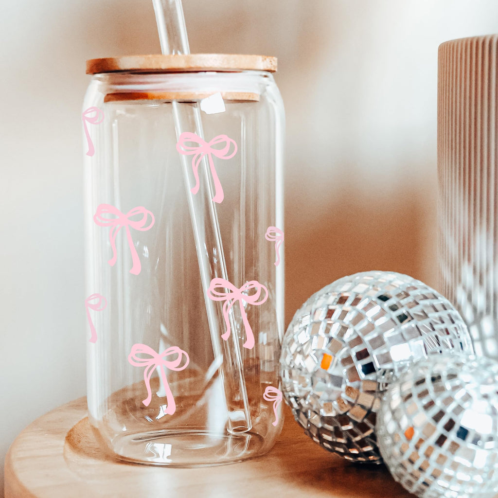 BIPEDS Coquette Cute Pink Bow Glass Cups with Lids and Straws, Aesthetic Iced Coffee Cup, Girly Preppy Design Tumbler Mug, Birthday Valentines Christmas Gifts for Women, Teen Girl Gifts Trendy Stuff