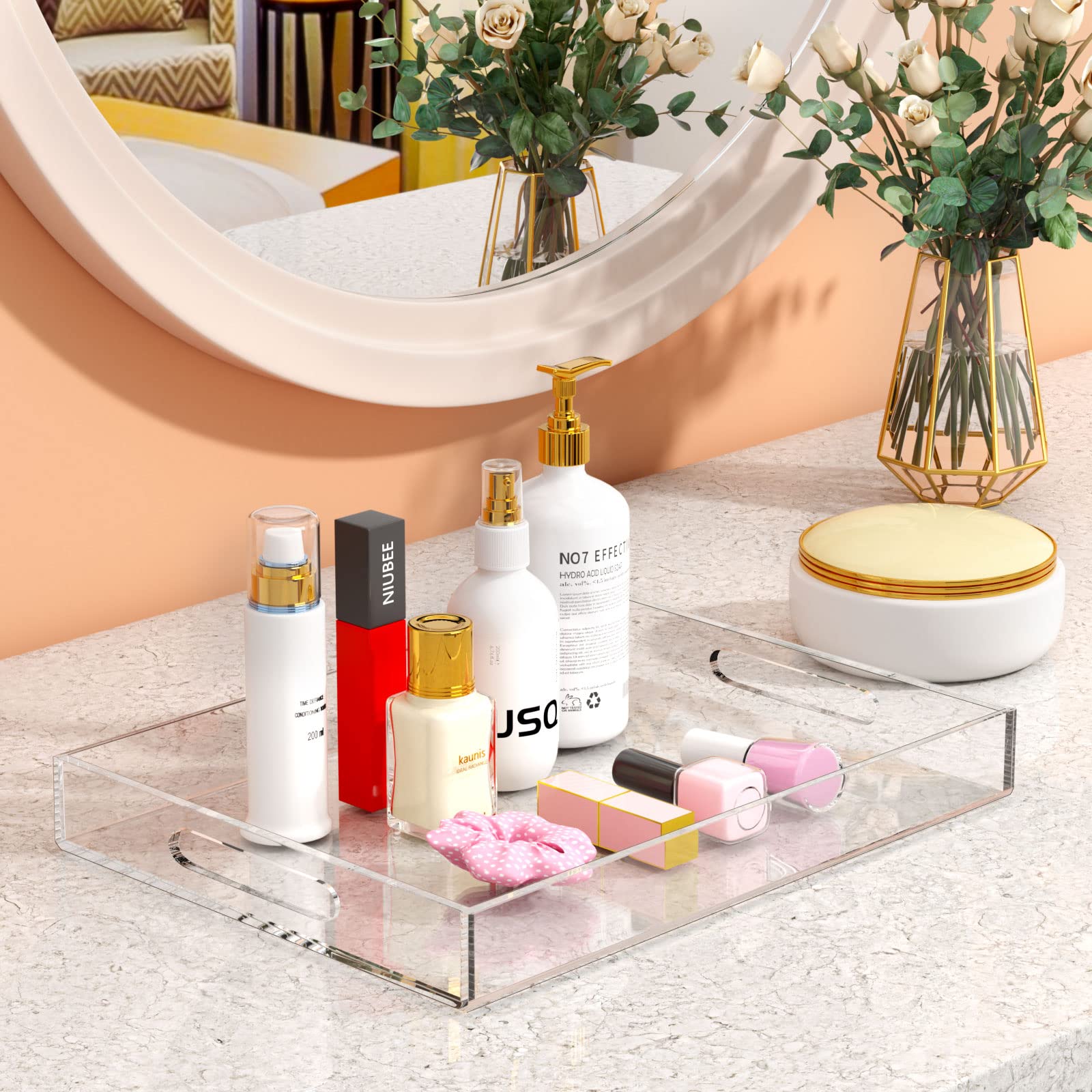 NIUBEE Clear Serving Tray 12"x16" -Spill Proof- Acrylic Decorative Tray Organiser for Ottoman Coffee Table Countertop with Handles
