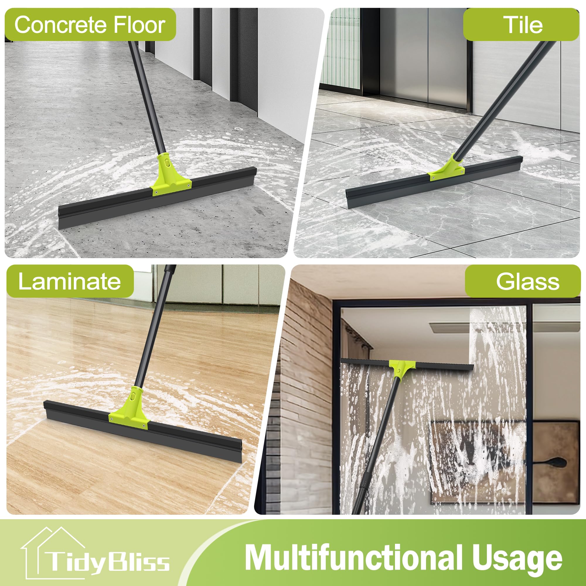 TidyBliss Floor Squeegee Broom, 24 inches Large Heavy Duty Rubber Foam Water Scraper, Epoxy Wiper Mop with 62 inches Long Handle for Cleaning Concrete Pool Rug Garage Deck Shower Window Outdoor Green