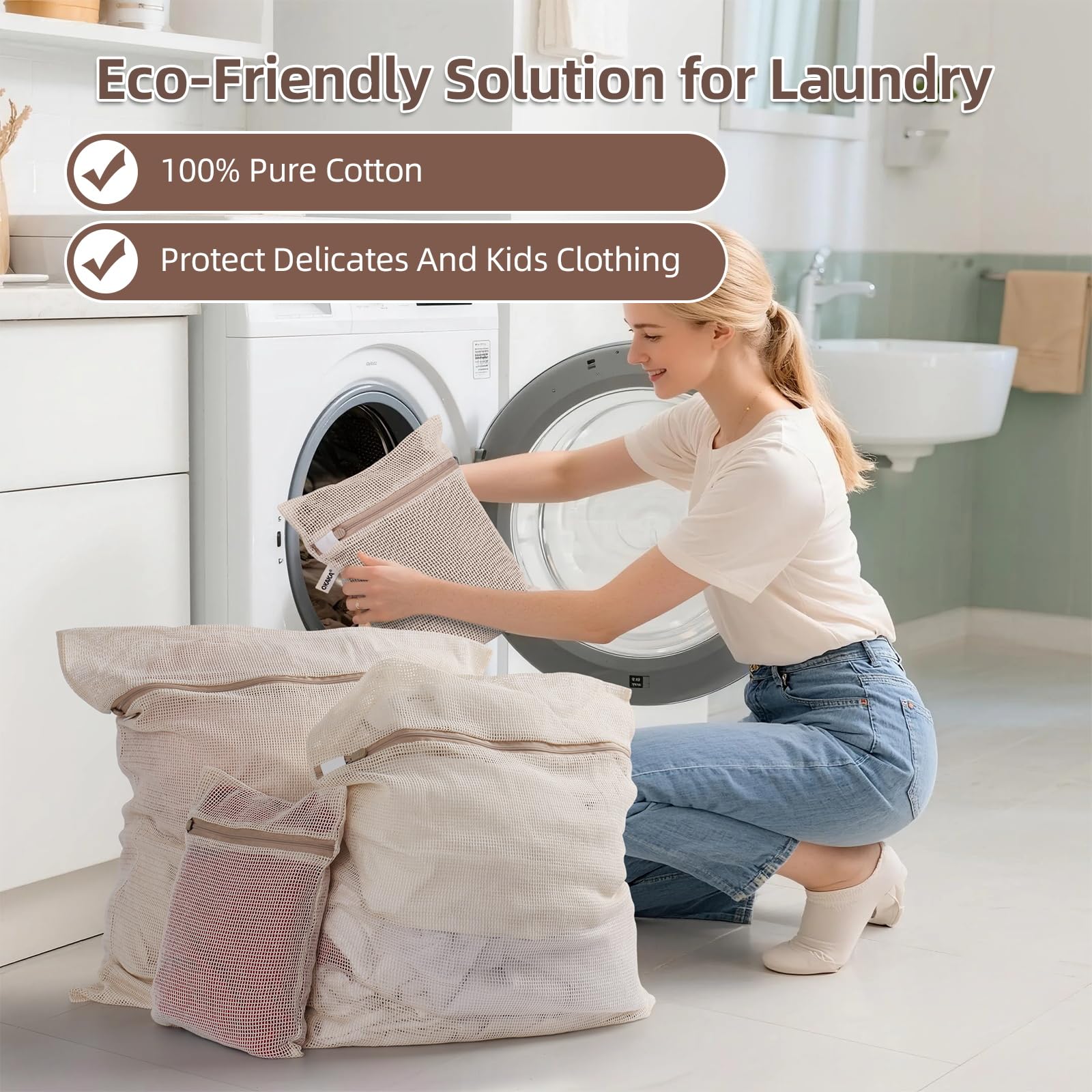OKAKA 100% Cotton Mesh Laundry Bags, Premium Soft, No Dye, Set of 4, Natural