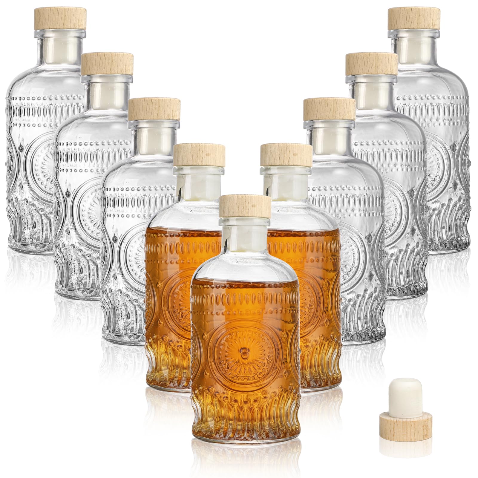 Kingrol 9 Pack 7 oz Glass Liquor Bottles with T-Top Stoppers, Vintage Sunflower Embossed Bottles, Small Glass Bottles for Whiskey, Wine, Syrups, Vanilla Extract