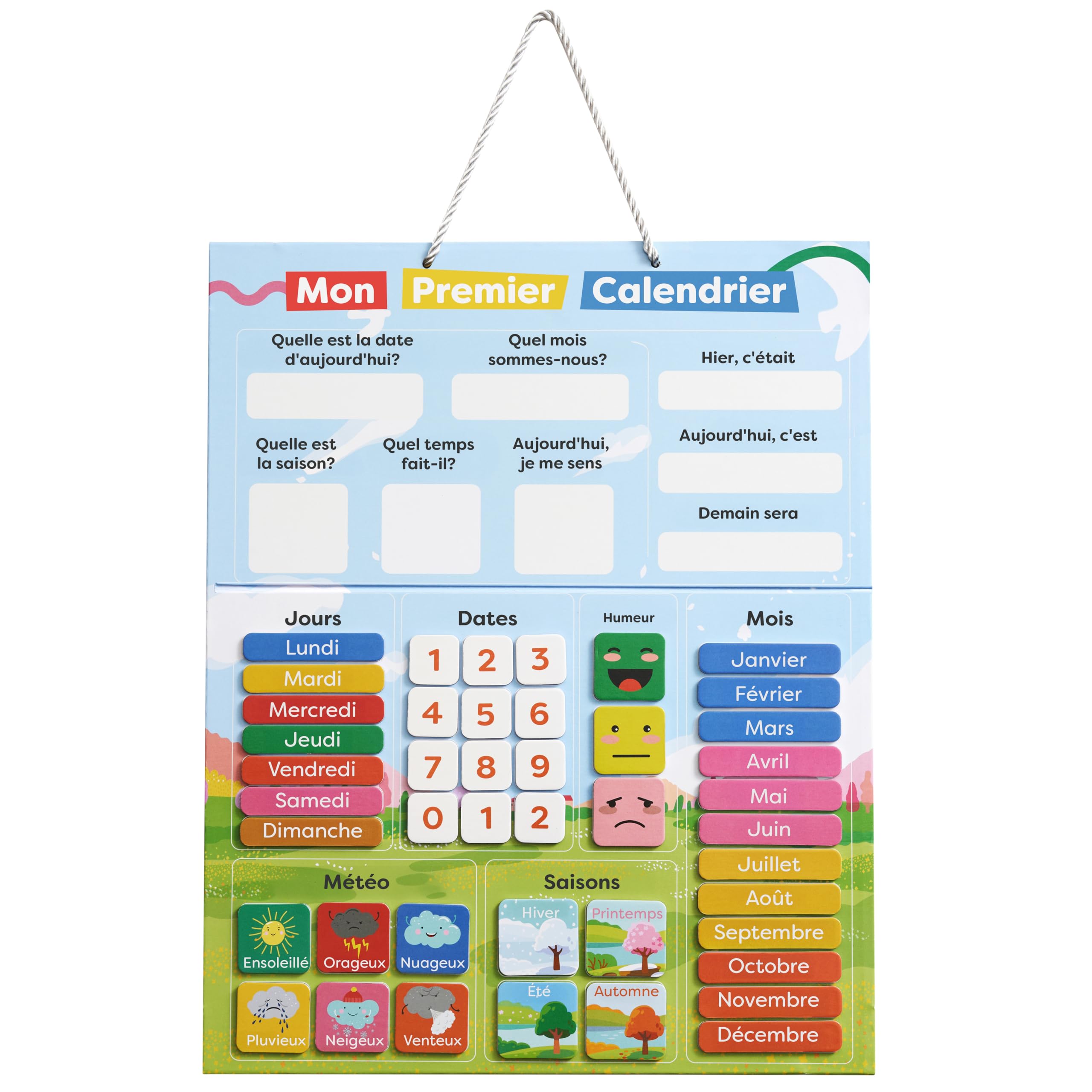 Chuckle - French Magnetic Calendar for Kids with Seasons, Dates, and Weather (40x32 cm) Classroom Wall Calendar, Fun Early Learning First Calendar for Children Aged 4 to 10 & Preschool
