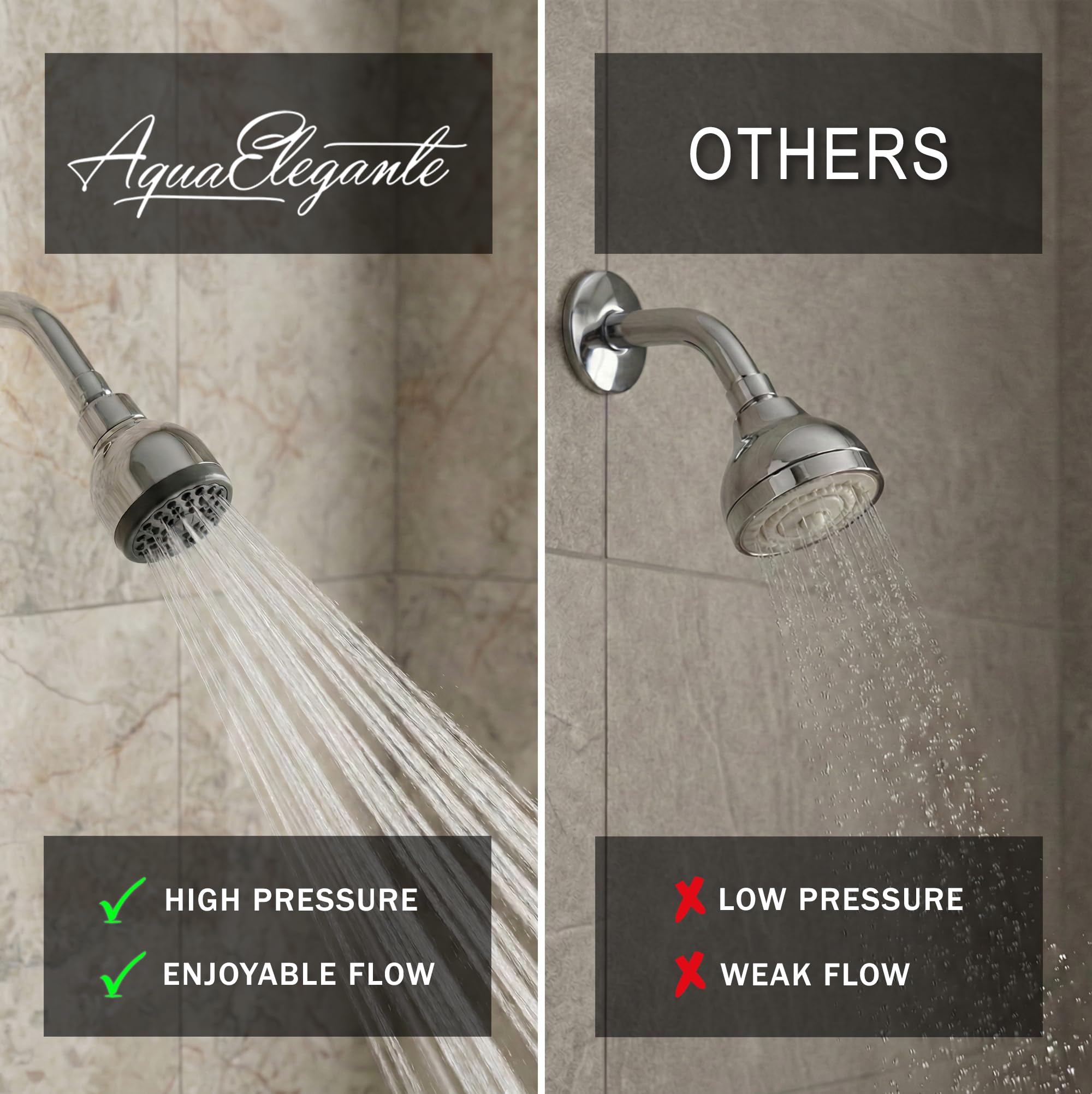Aqua Elegante High Pressure Shower Head - Best 3 Inch Wall Mount Bathroom Showerhead for Boosting Low Flow with Anti-Clog Nozzles & Adjustable Brass Ball Joint - 2.5 GPM - Polished Chrome