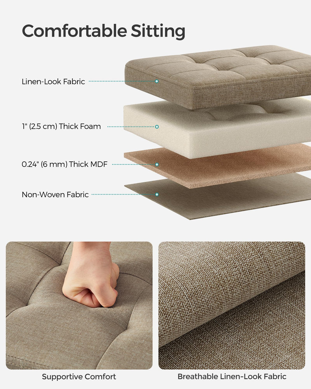 SONGMICS Small Folding Storage Ottoman, Foot Rest Stool, 31 x 41 x 31 cm, 286 kg Load Capacity, for Living Room, Bedroom, Home Office, Dorm, Light Taupe ULSF102K01