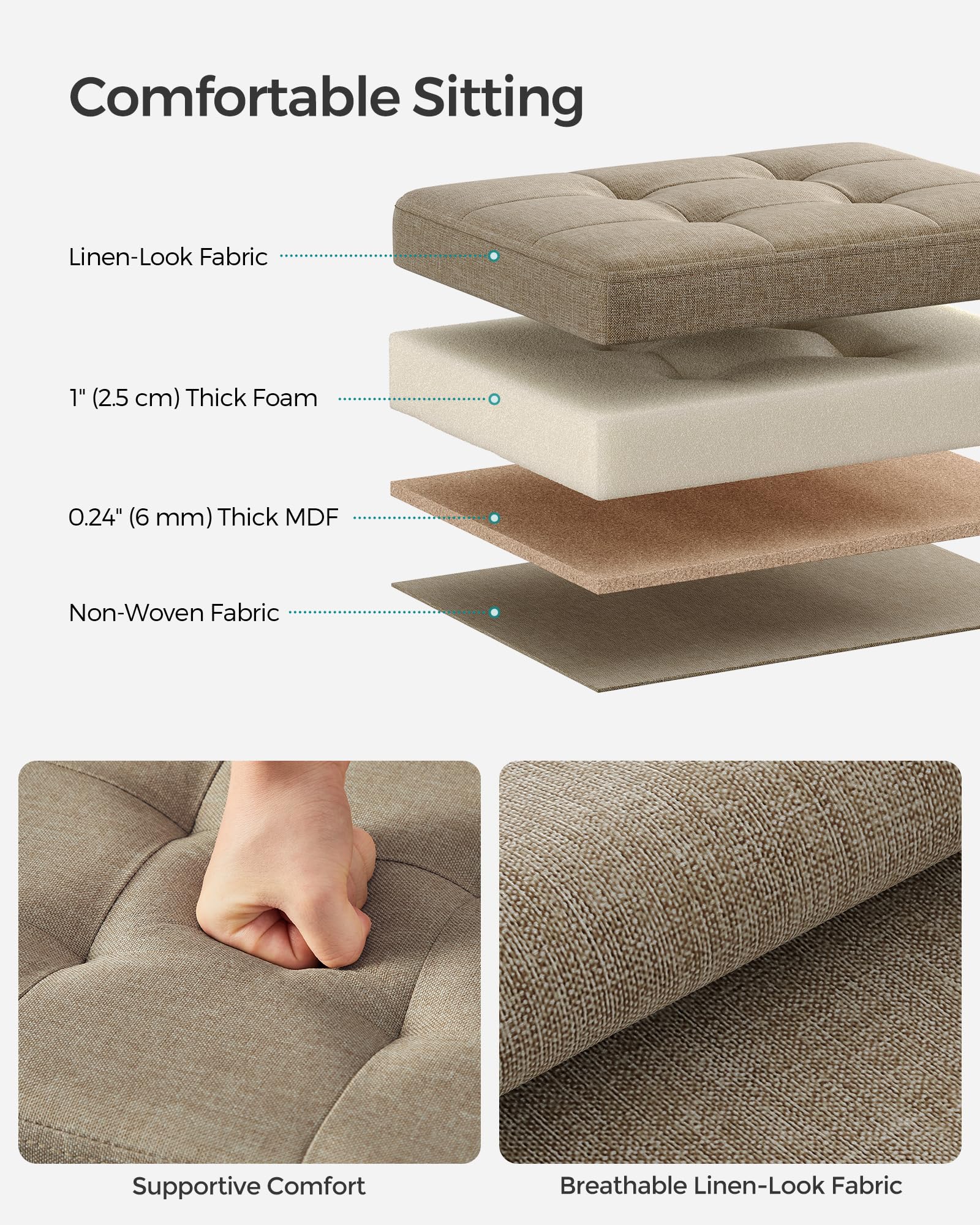SONGMICS Small Folding Storage Ottoman, Foot Rest Stool, 31 x 41 x 31 cm, 286 kg Load Capacity, for Living Room, Bedroom, Home Office, Dorm, Light Taupe ULSF102K01