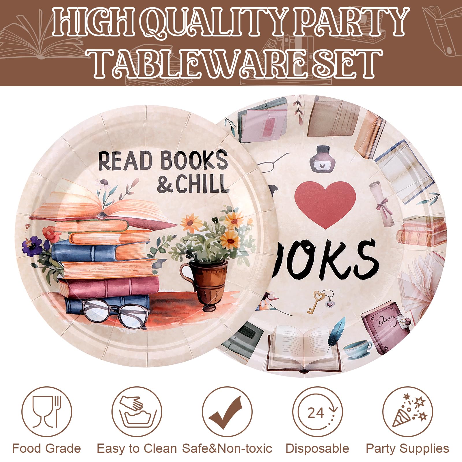 96 Pcs Book Party Decorations Tableware Set Books Lover Gift Disposable Book Club Paper Plate Napkin Fork for Guest Library Reading Storybook Party Supplies Birthday Baby Shower Party Dinnerware Decor