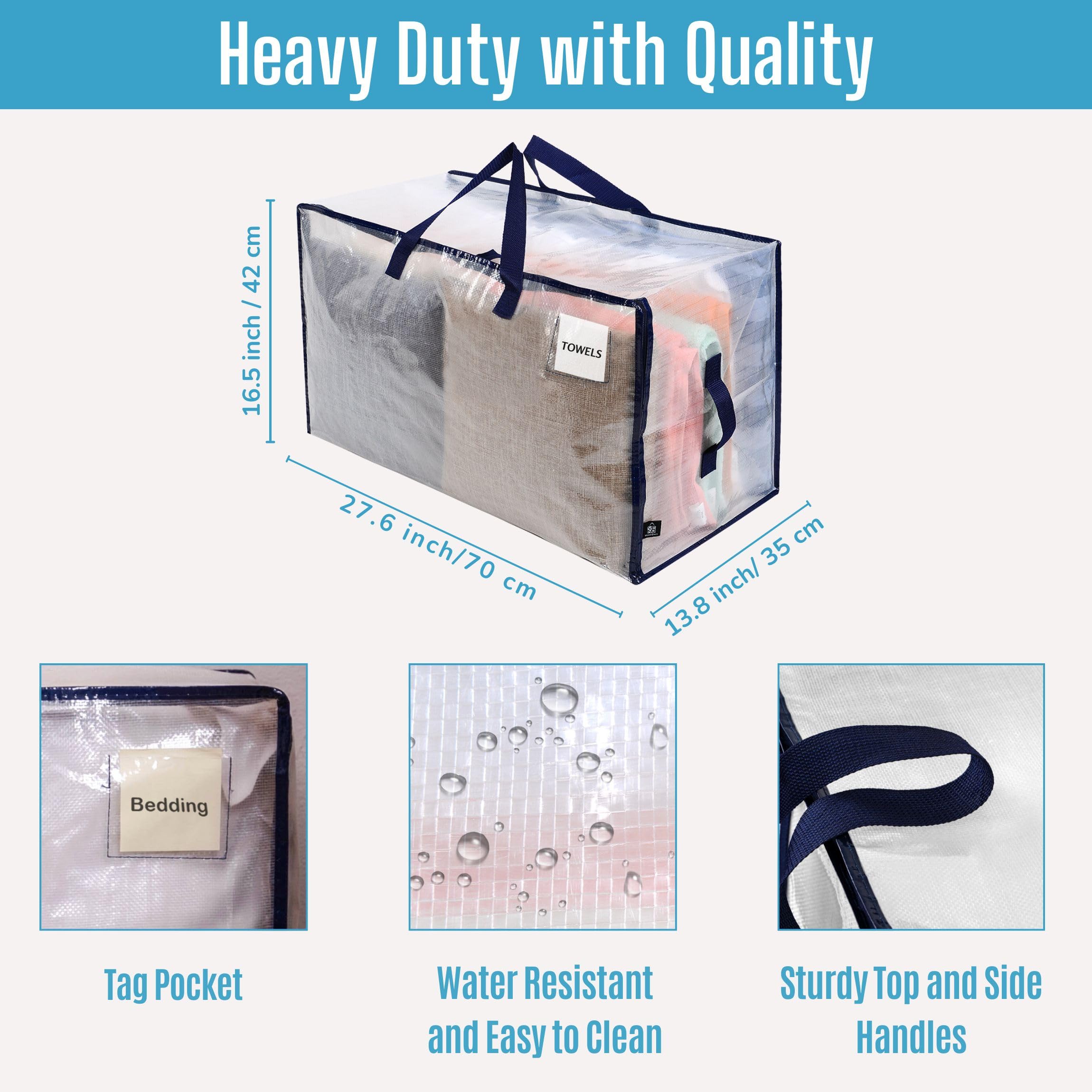 VENO Heavy Duty Extra Large Foldable Storage Bags with Zippers & Carrying Handles, Storage Containers Organizer Tote, Moving Boxes for College Dorm, Travel, Camping, Reusable (Clear, 4 Pack)