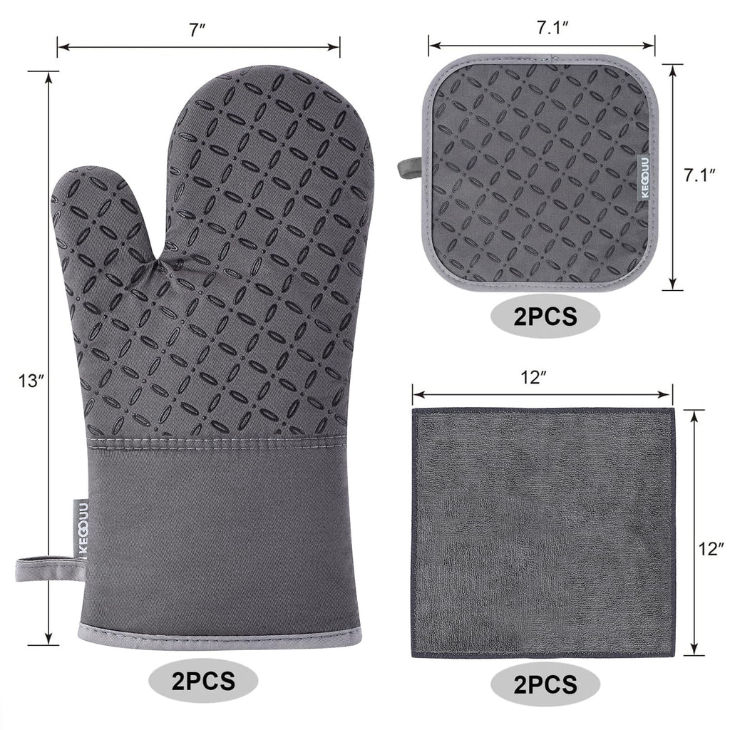 KEGOUU Oven Mitts and Pot Holders 6pcs Set, Kitchen Oven Glove High Heat Resistant 500 Degree Extra Long Oven Mitts and Potholder with Non-Slip Silicone Surface for Cooking