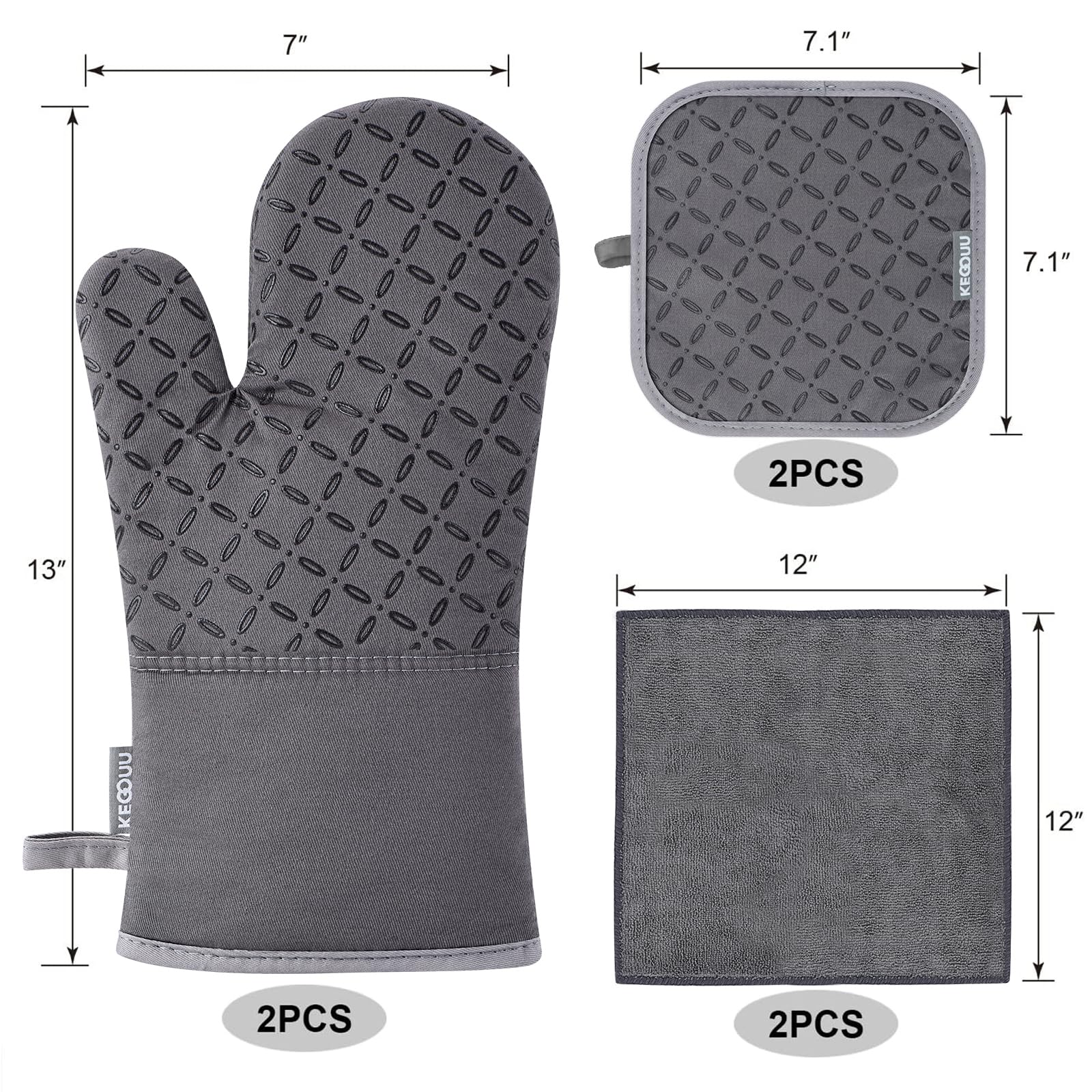 KEGOUU Oven Mitts and Pot Holders 6pcs Set, Kitchen Oven Glove High Heat Resistant 500 Degree Extra Long Oven Mitts and Potholder with Non-Slip Silicone Surface for Cooking