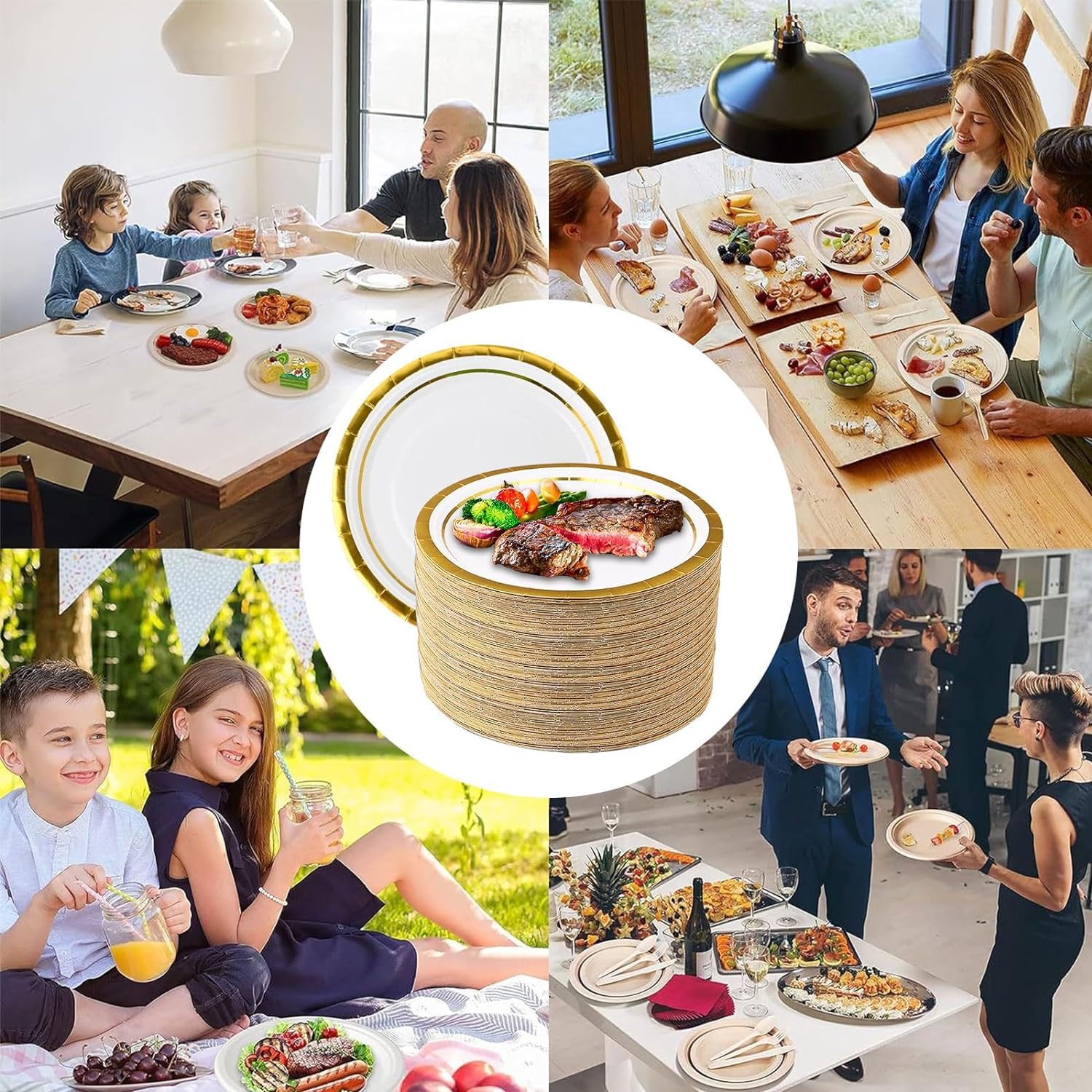 100 Pieces 7 Inches Disposable Paper Plates, Elegant Gold Rimmed Paper Plates Bulk, Round Party Plates for Wedding Birthday Baby Shower Graduction BBQ Picnic Holiday Decorations
