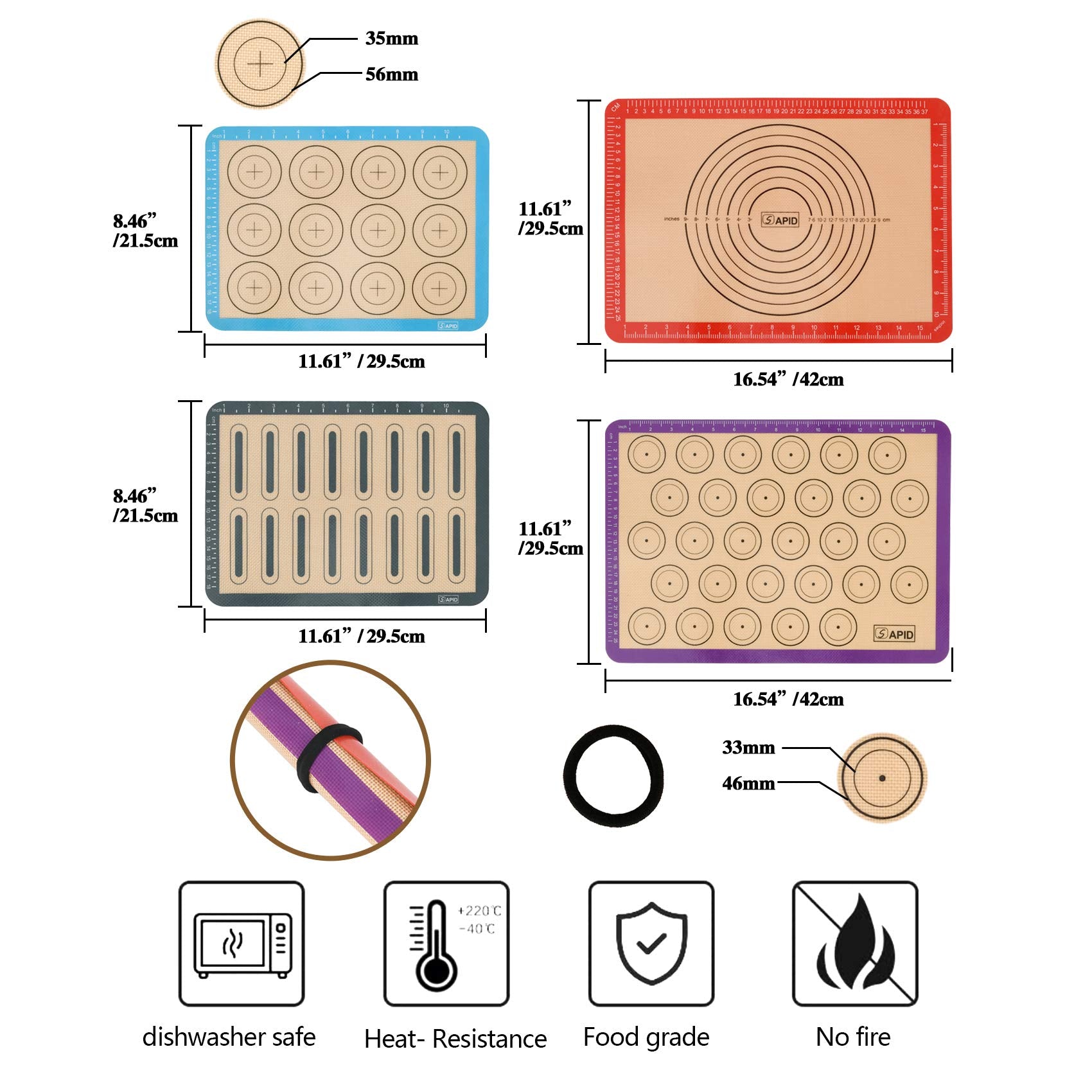 Sapid 4 Pieces Silicone Baking Mats with Measurement, Resuable Non-Stick Silicon Baking Sheet Liners for Oven Pan, Macaron/Cookies Making, Heat- Resistance Countertop Mat (2 Half + 2 Quarter Sizes)