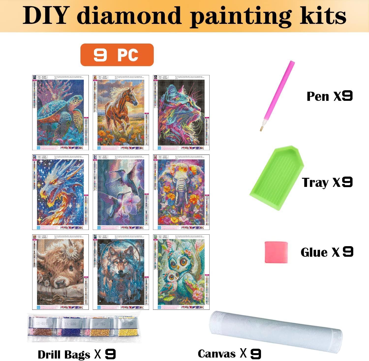 9 Pack Diamond Painting Kits,Cow Hummingbird 5D Diamond Art Kits for Adults Wolf Cat Full Drill Diamond Paintings Kit for Adults Beginners, DIY Animal Diamond Painting Packs Gem Art Home Wall Decor 11.8x15.7in