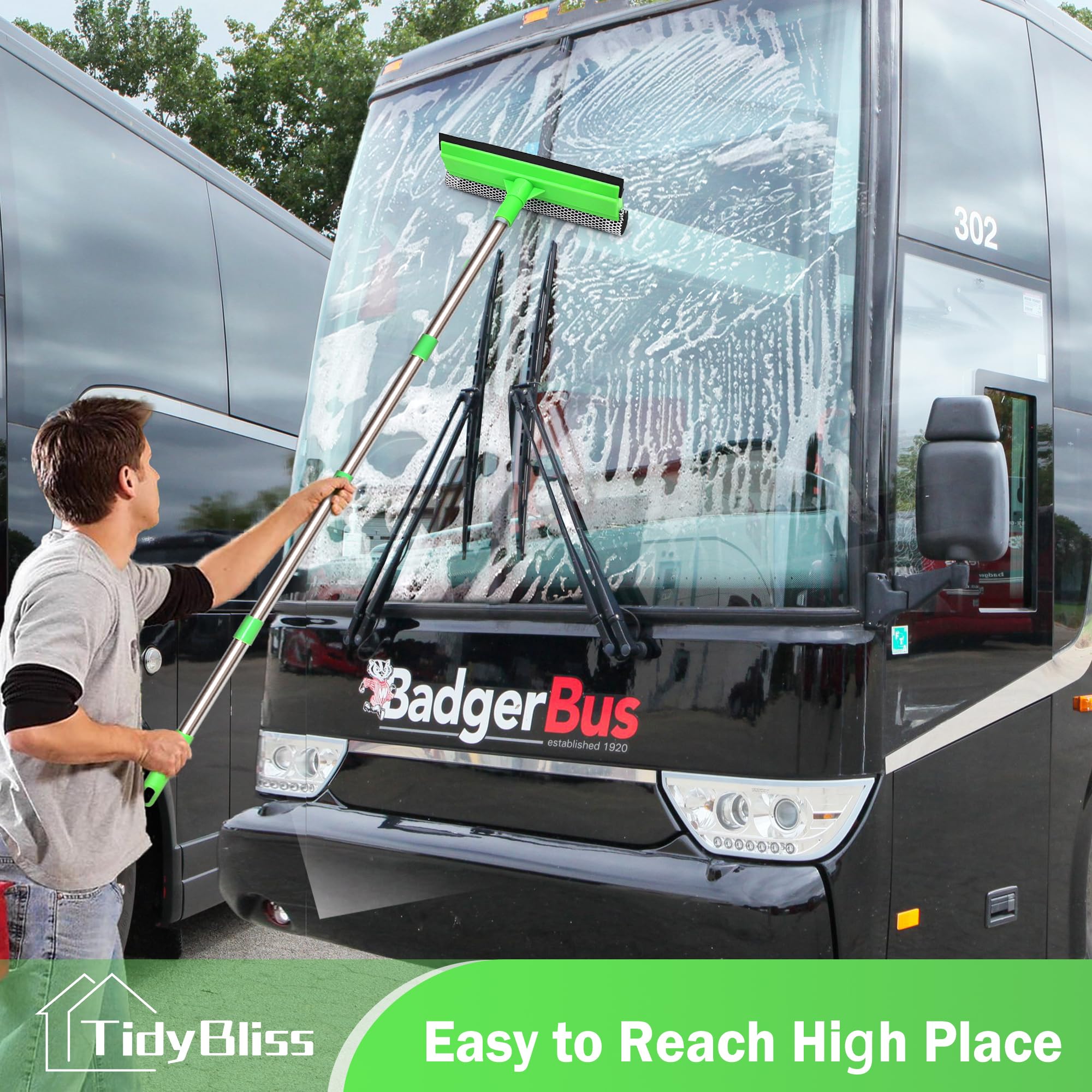 TidyBliss Window Cleaning Tools with Extension Pole 56”, Professional Car Windshield Washing Squeegee Kit, Household Glass Cleaner Sponge Scrubber for Mirror Home Outdoor (Green)