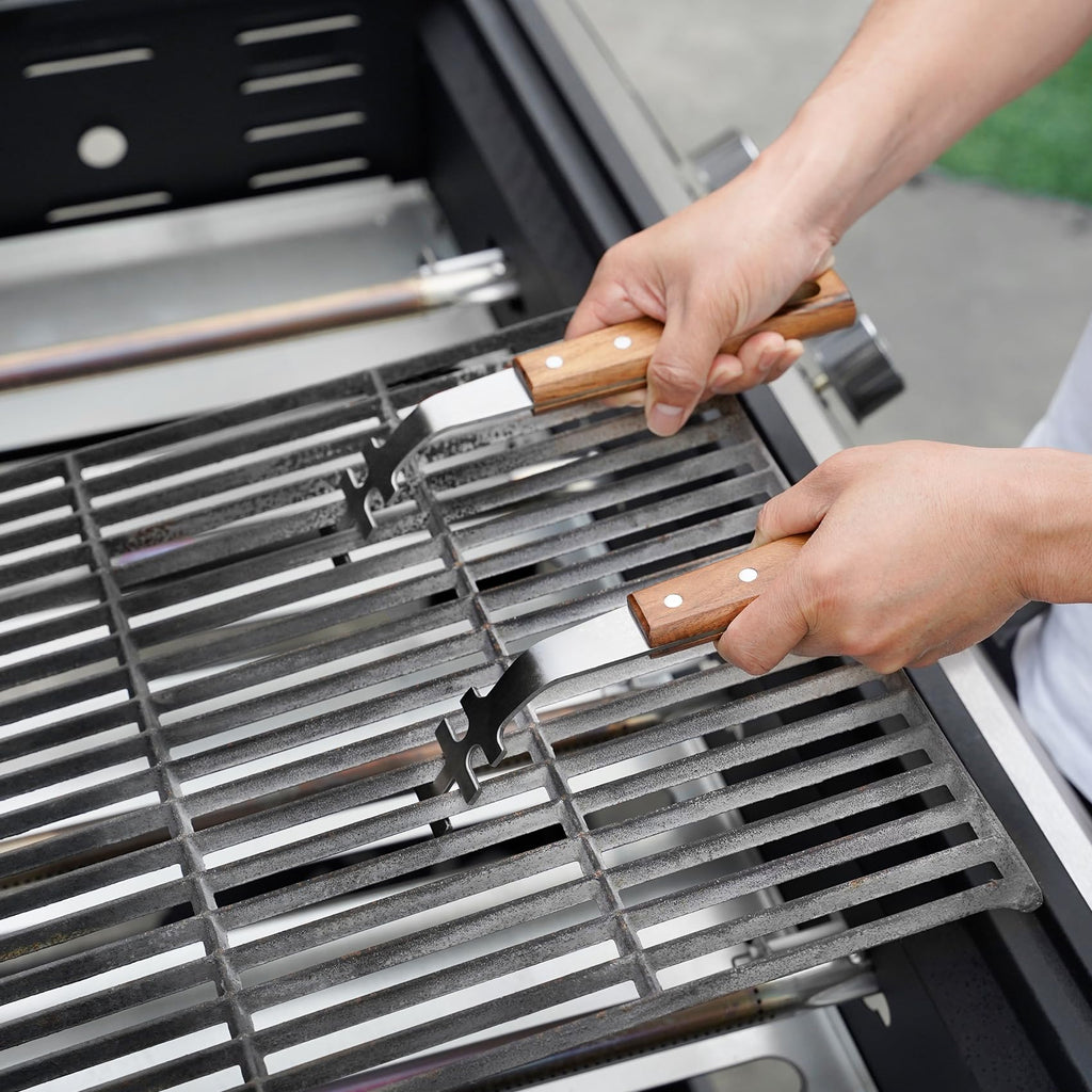 onlyfire 2PCS Stainless Steel Grill Grate Lifters with Acacia Wood Handle, BBQ Grate Lifter Tool for Safe Handling of Hot Grates, BBQ Accessories