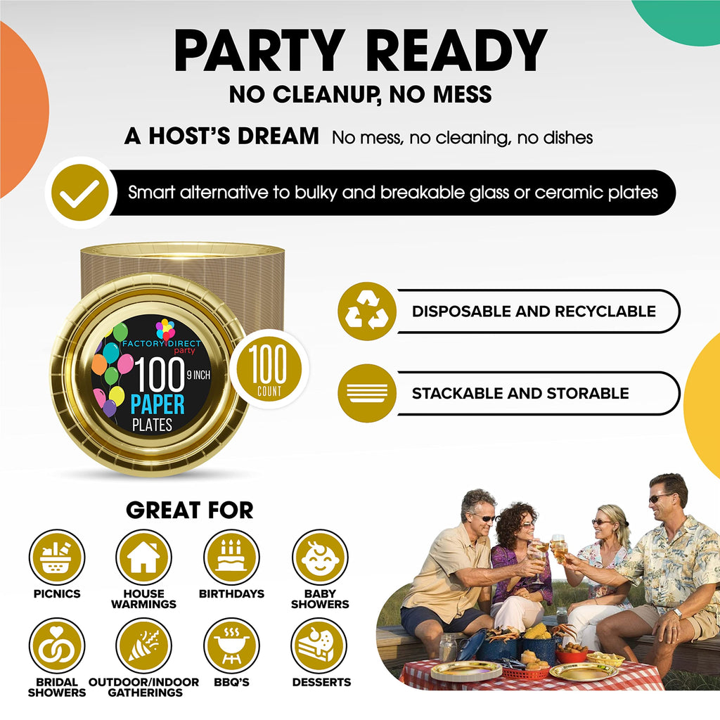 Gold Paper Plates 9 Inch 100 Count - Gold 9 Inch Paper Plates - Bulk Paper Plates Gold Disposable Plates - Disposable Cake Plates Paper Plate Gold - Exquisite