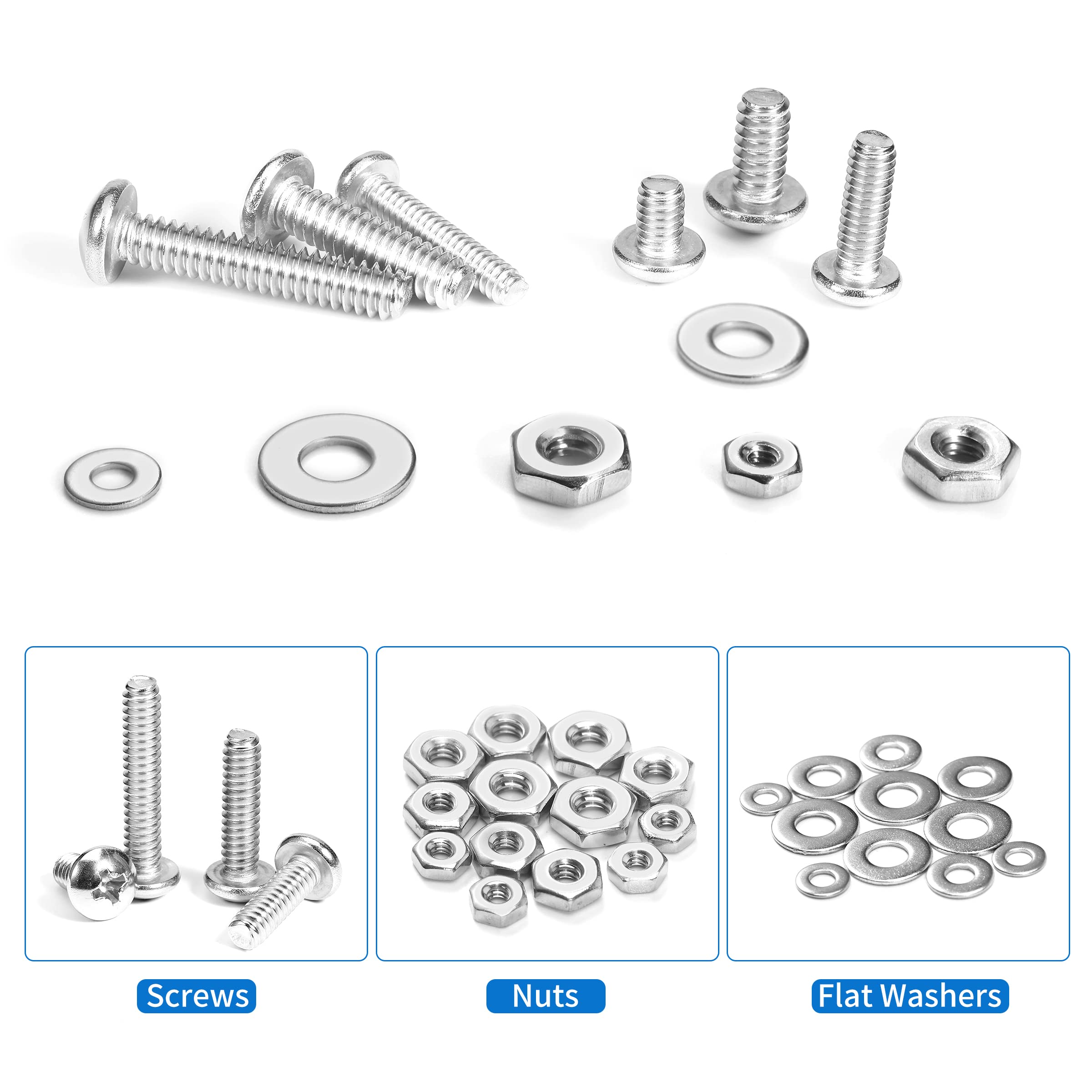 Besitu 720Pcs Machine Screw Assortment Kit, 10-24#8-32#6-32#4-40 Phillips Pan Head Assorted Nuts Bolts and Flat Washers Kit, Stainless Steel Screws Hardware Assortment with Case
