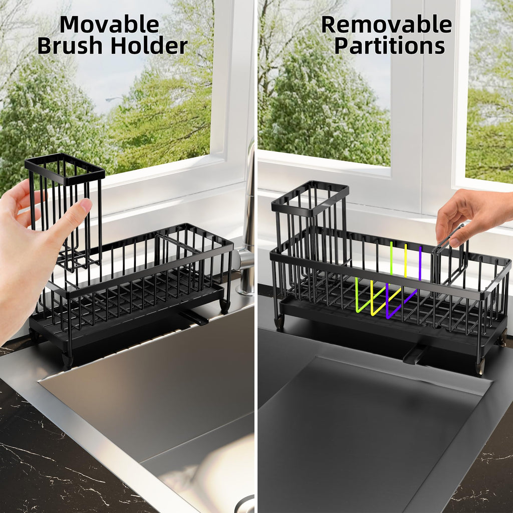 Moforoco Larger Sponge Holder for Kitchen Sink, Sink Caddy with High Brush Holder, Kitchen Sink Organizer Countertop Rustproof 304 Stainless Steel (Black)