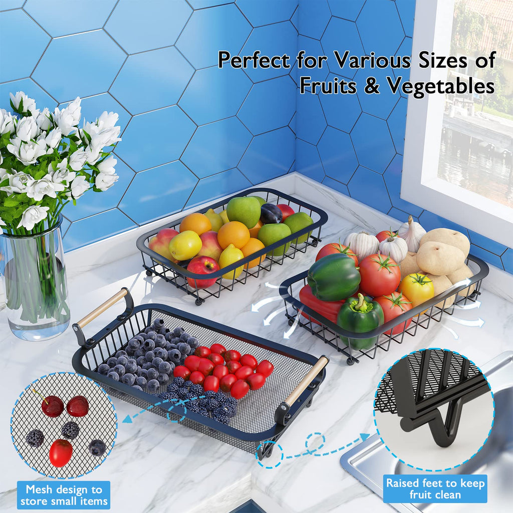 ANTOPY 3 Tier Fruit Basket with 2 Banana Hangers, Countertop Vegetable Bowl for Kitchen Counter Metal Mesh Fruits Stand Produce Holder Organizer Onion Potato Bread Snack Veggie, Black BP209