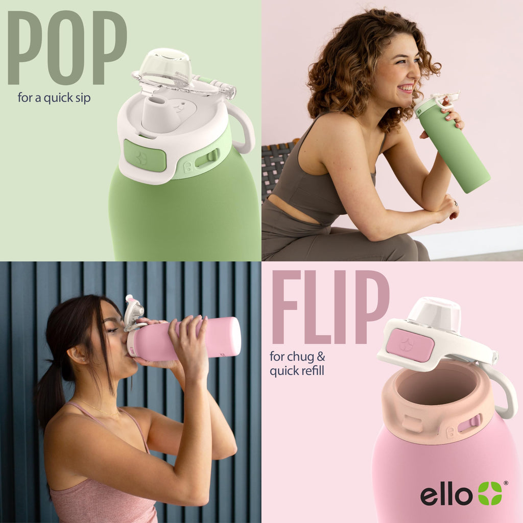 Ello Pop & Fill 32oz Stainless Steel Water Bottle with QuickFill Technology, Double Walled and Vacuum Insulated Metal, Leak Proof Locking Lid, Straw and Chug, Reusable, BPA Free, Gloss Daisies