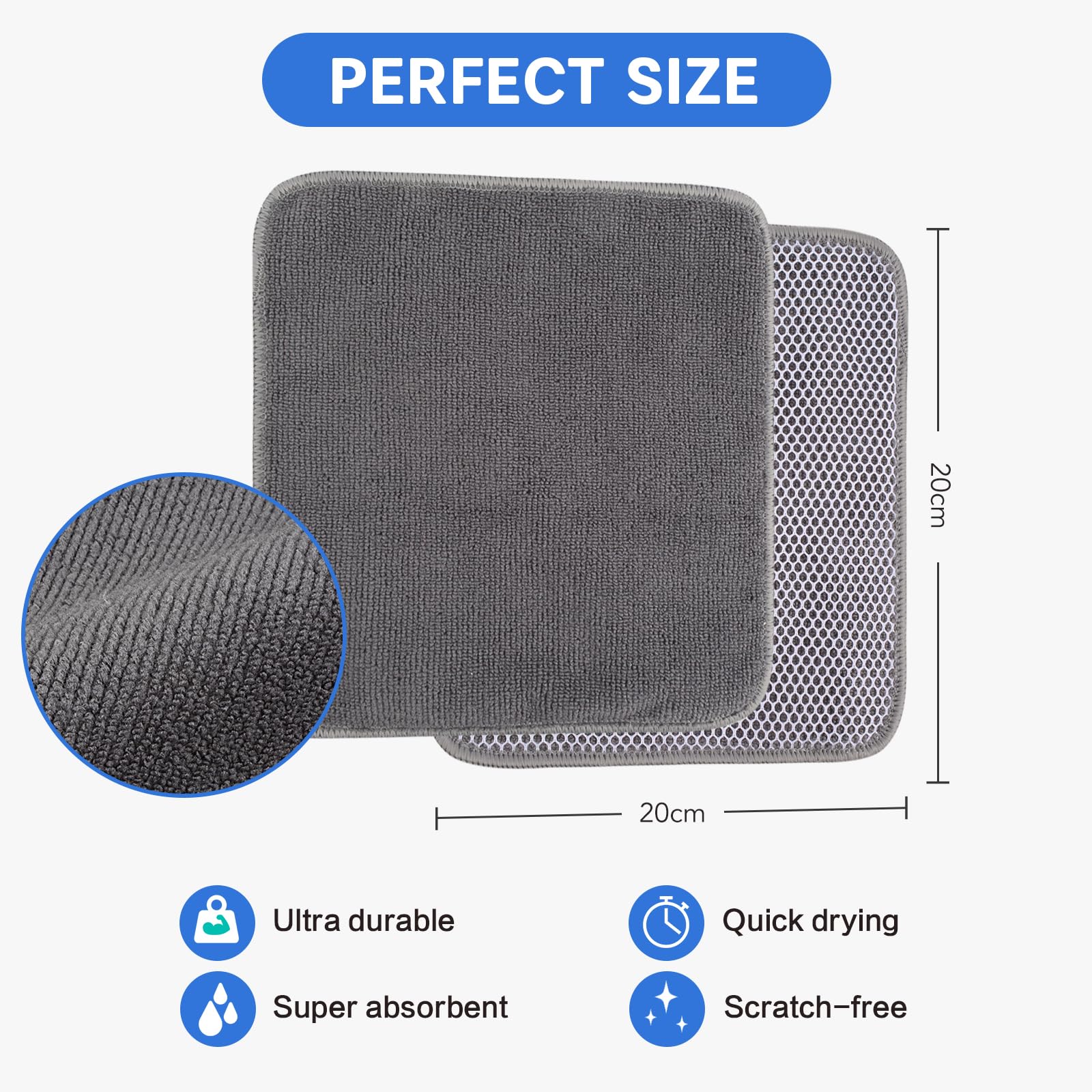 VIVOTE Microfiber Cleaning Cloths Washable Dishcloths with Polyester Mesh Scrubbing Edge Dishcloths, Kitchen Household Wipes Kitchen Dish Cloth,6pcs,20cmx20cm (Grey)