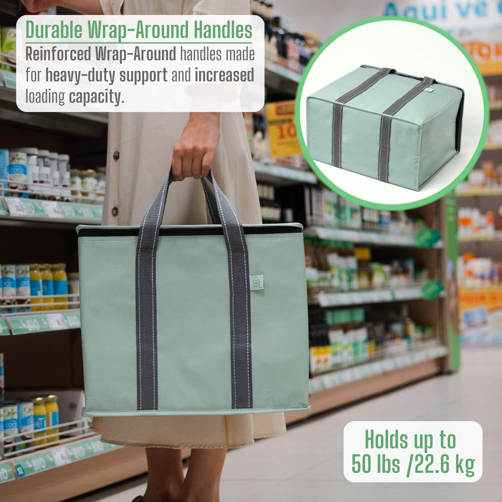 VENO 2 Pack Cooler Bag and Insulated Grocery Bags for Food Delivery, Collapsible Cooler Reusable Shopping Bags for Groceries with Hard Bottom, Zippered, Foldable, Heavy-Duty (Light Green, 2 Pack)