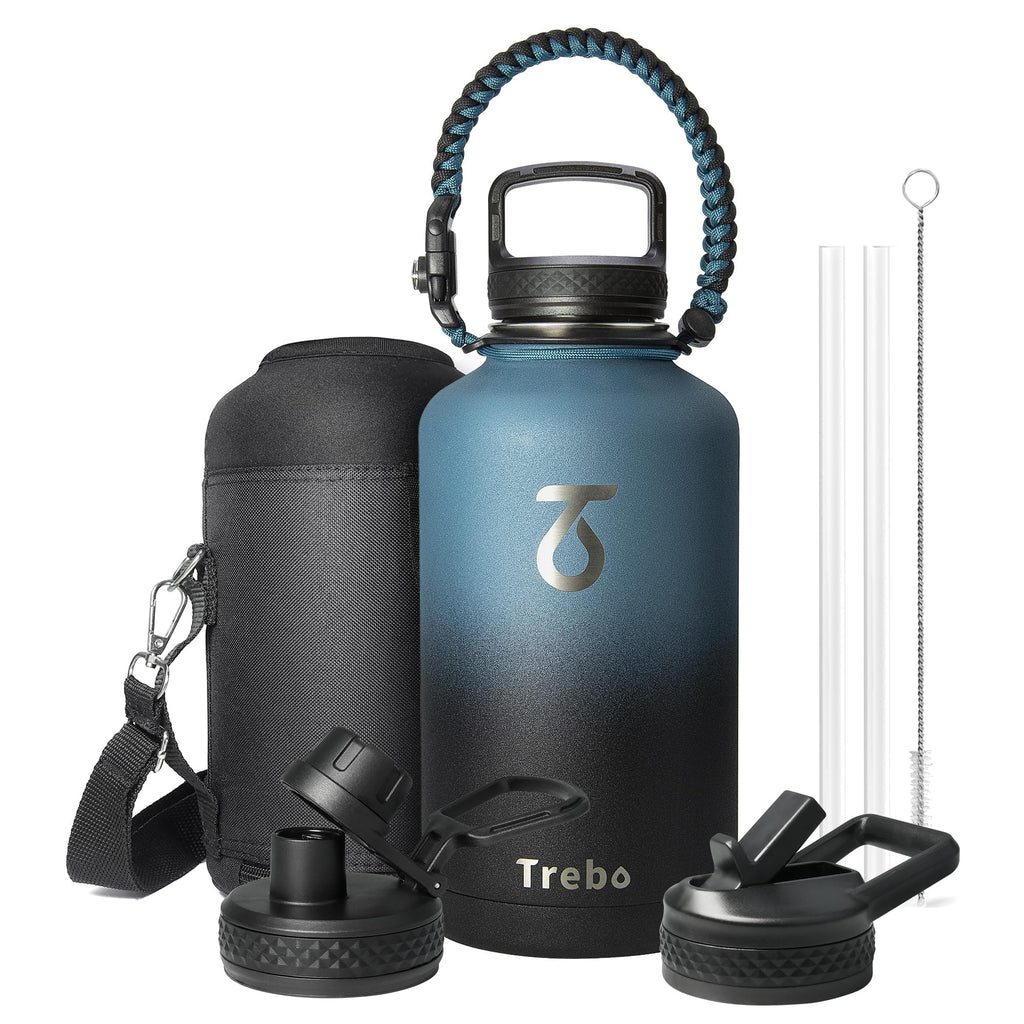 Water Bottle 64oz with Paracord Handle, Trebo Half Gallon Food-Grade Double Wall Vacuum Stainless Steel Insulated Jug with Straw Spout Handle Lids, Leakproof Keep Cold & Hot, Ombre: Indigo/Black