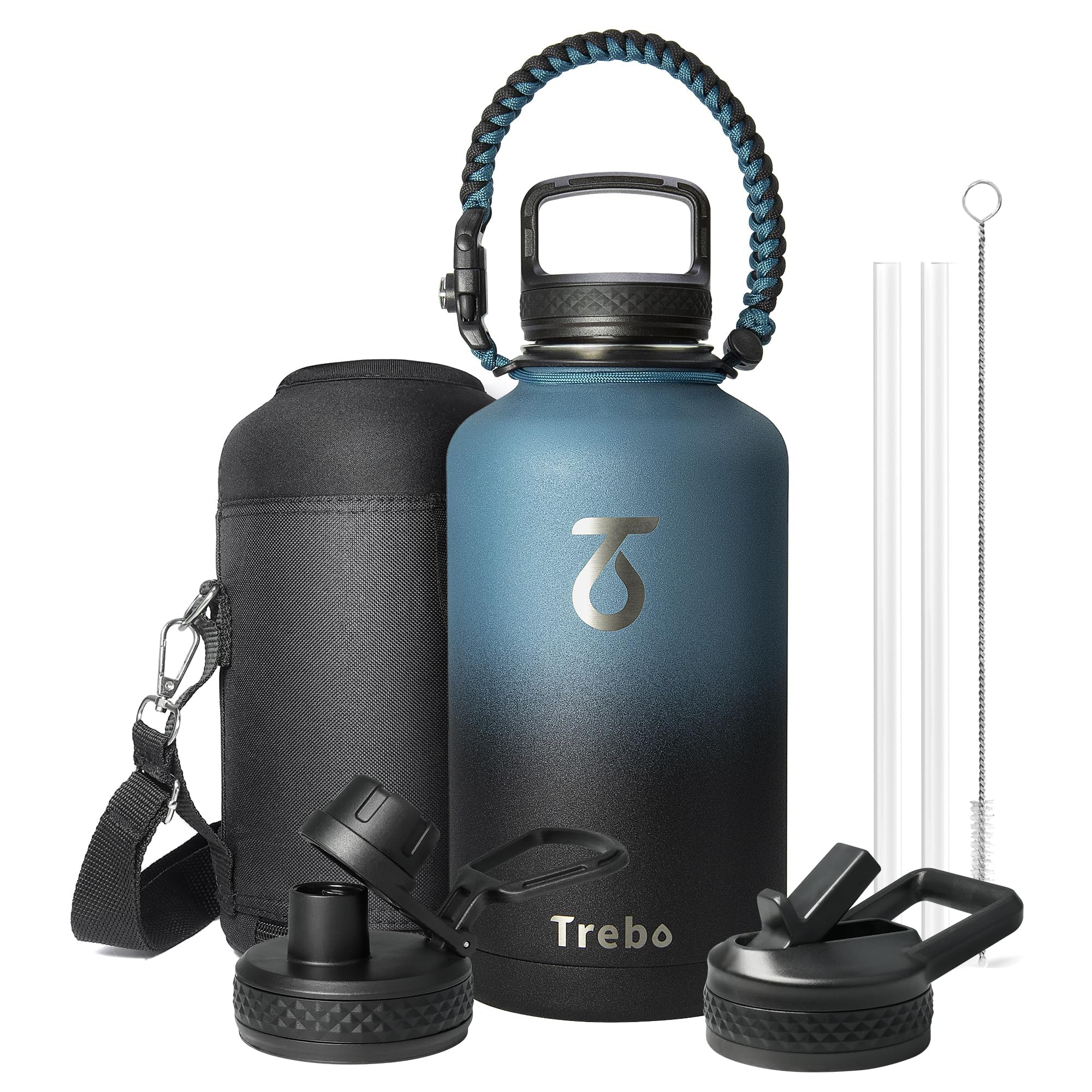Water Bottle 64oz with Paracord Handle, Trebo Half Gallon Food-Grade Double Wall Vacuum Stainless Steel Insulated Jug with Straw Spout Handle Lids, Leakproof Keep Cold & Hot, Ombre: Indigo/Black