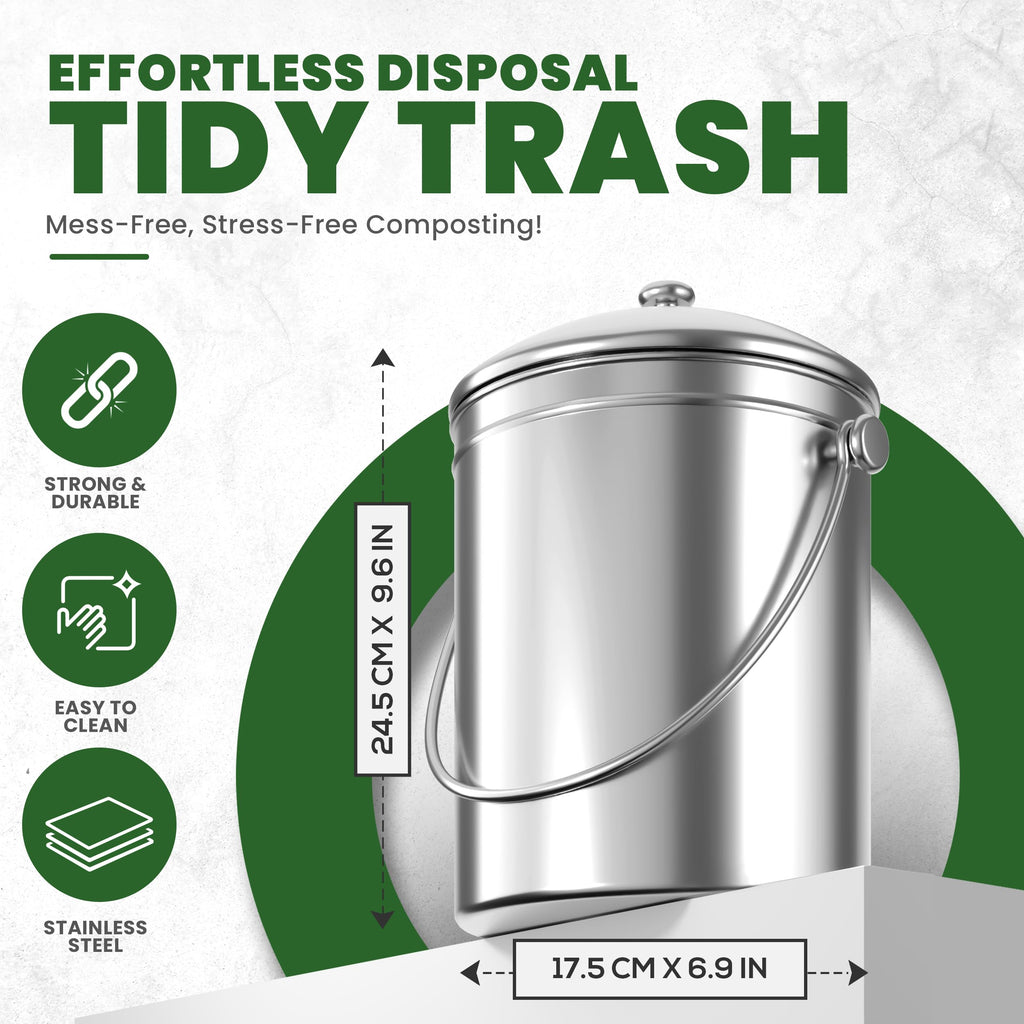 KICHLY Compost Bin, Stainless Steel Bin for Kitchen Countertop, 1.3 Gallon Composting Bucket, Compost Pail with Lid, Includes 1 Spare Charcoal Filter, Silver