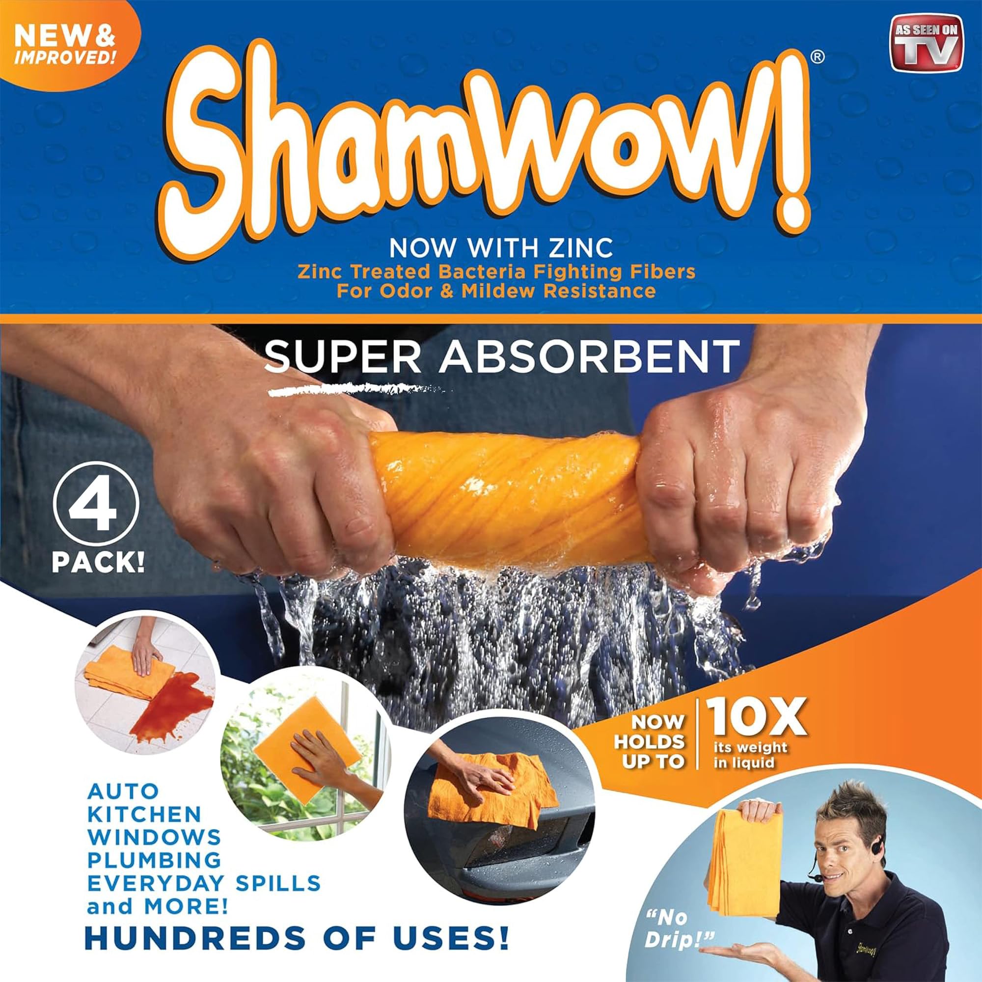 The Original Shamwow - Super Absorbent Multi-Purpose Cleaning Shammy Chamois Towel Cloth - Holds 10X its Weight in Liquid - Machine Washable - Will Not Scratch (4 Pack, 4 Large Orange)