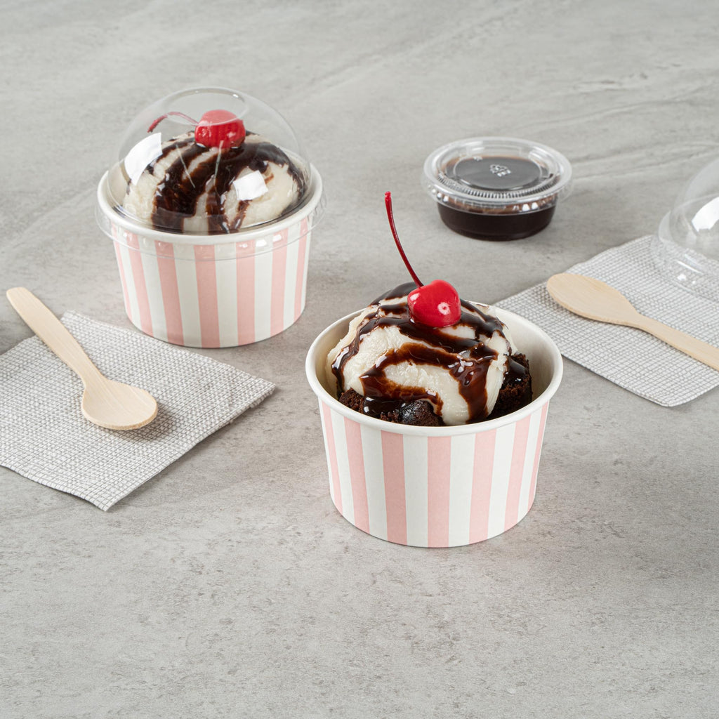 Coppetta 5-Ounce Dessert Cups, 50 Disposable Ice Cream Cups - Lids Sold Separately, Striped, Pink and White Paper FroYo Bowls, for Hot and Cold Foods, Perfect for Gelato Or Mousse - Restaurantware