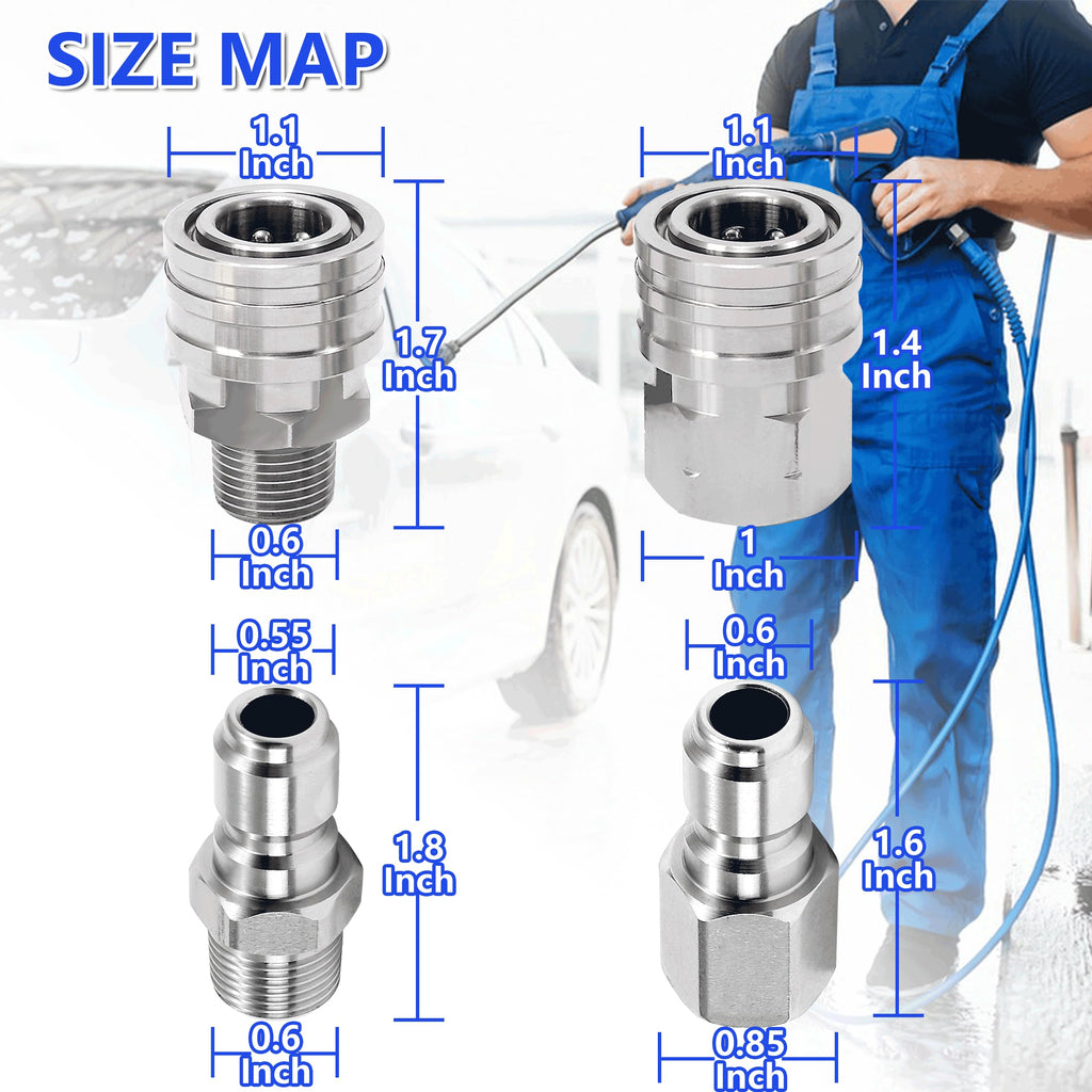 RIDGE WASHER Quick Connect 3/8 Inch Pressure Washer Adapter Set, Stainless Steel Fittings, Female and Male NPT Thread, 4 Pcs