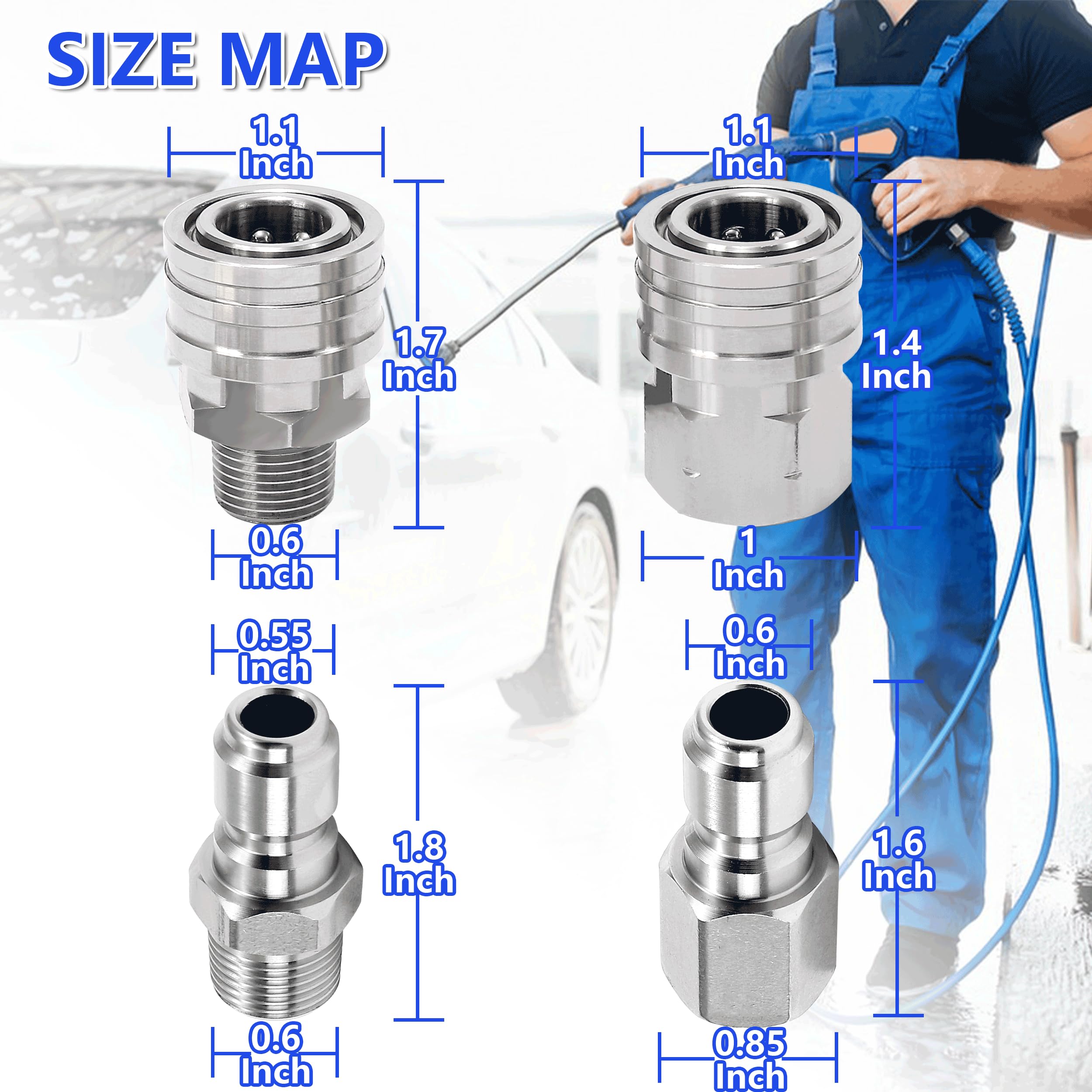RIDGE WASHER Quick Connect 3/8 Inch Pressure Washer Adapter Set, Stainless Steel Fittings, Female and Male NPT Thread, 4 Pcs