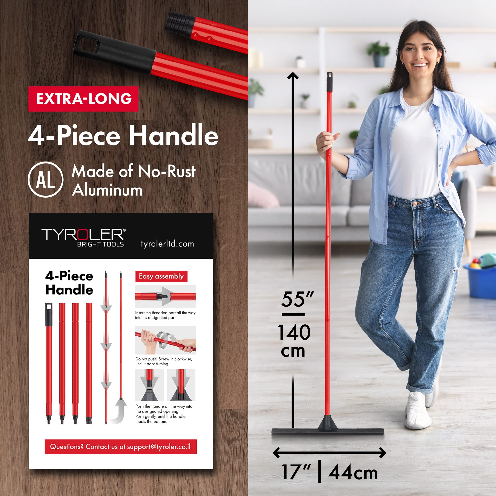 Tyroler Push & Pull Floor Squeegee Heavy Duty | 44CM Head 100% Rubber Squeegee Broom | Aluminum Anti-Rust 4-Piece Handle | Floor Wiper Multi-Surface, Hardwood, Marble, Tile, Garage, Indoor & Outdoor