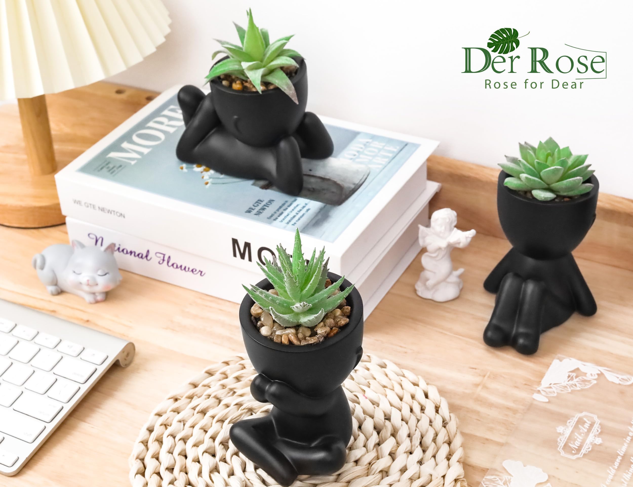Der Rose 3Pcs Fake Plants Small Artificial Succulent, Cute Faux Plants for Home Bathroom Bedroom Living Room Office Desk Shelf Black Decor Indoor Aesthetic
