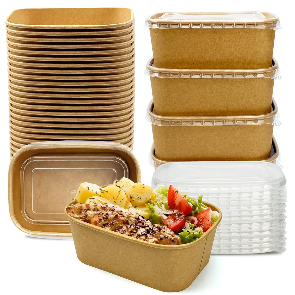 Seuqhck 50 Pack Paper Meal Prep Containers with Lids, 20 oz Disposable and Compostable Take out Food Containers Rectangular to Go Kraft Paper Bowls for Leftovers, Salad, Soup, Snack