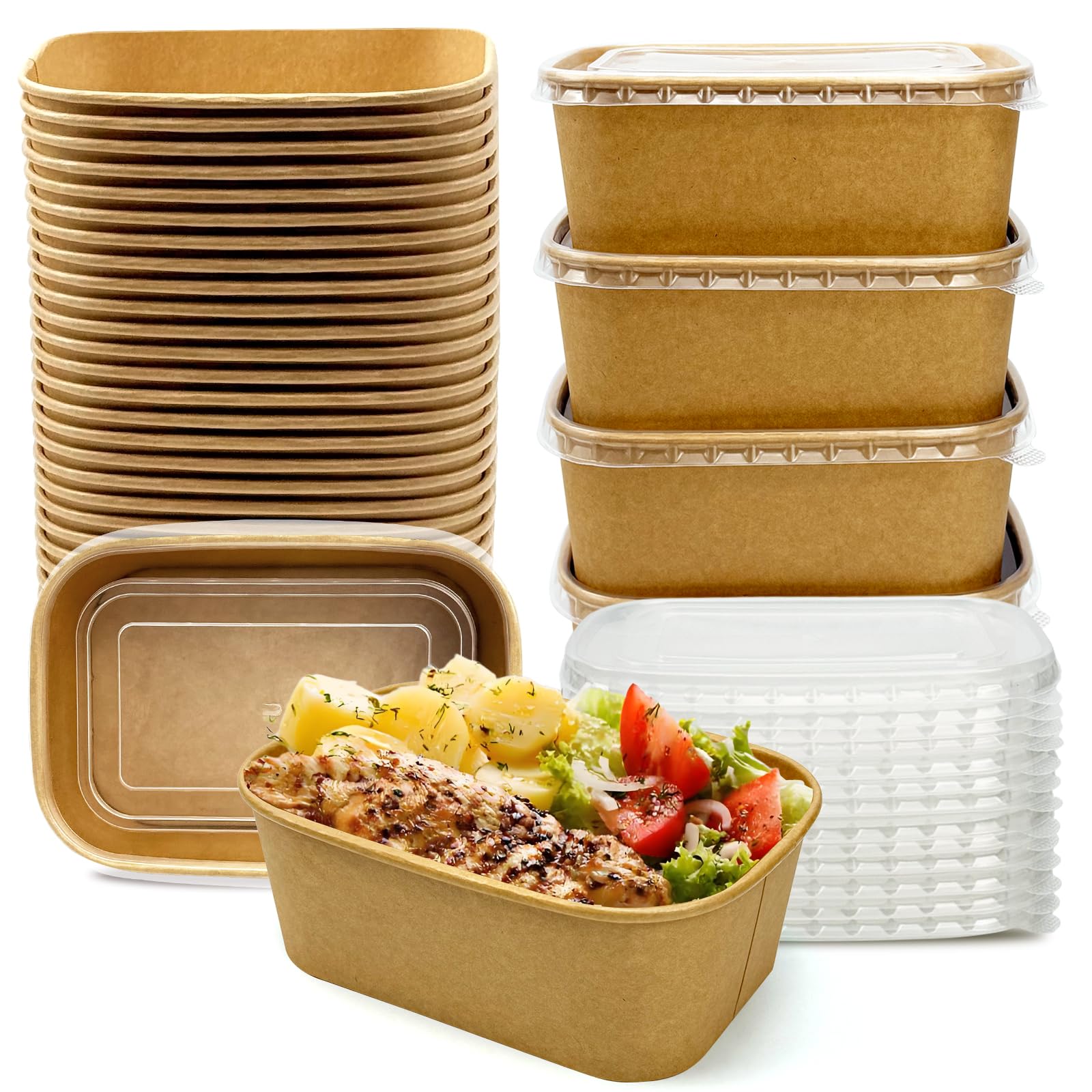 Seuqhck 50 Pack Paper Meal Prep Containers with Lids, 20 oz Disposable and Compostable Take out Food Containers Rectangular to Go Kraft Paper Bowls for Leftovers, Salad, Soup, Snack