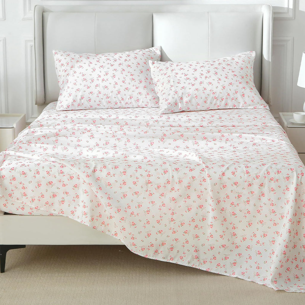 MUXHOMO Queen Size 4 Piece Sheet Set, Soft Breathable Bed Sheet Set for Bedroom with Deep Pocket Up to 16", Wrinkle-Free & Cooling Bedding for Oeko-TEX Certified - Blossoms Pink
