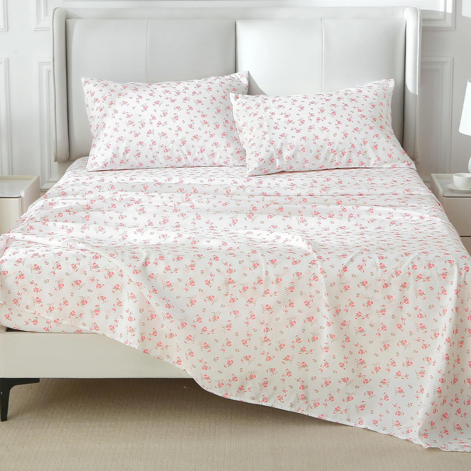 MUXHOMO Queen Size 4 Piece Sheet Set, Soft Breathable Bed Sheet Set for Bedroom with Deep Pocket Up to 16", Wrinkle-Free & Cooling Bedding for Oeko-TEX Certified - Blossoms Pink