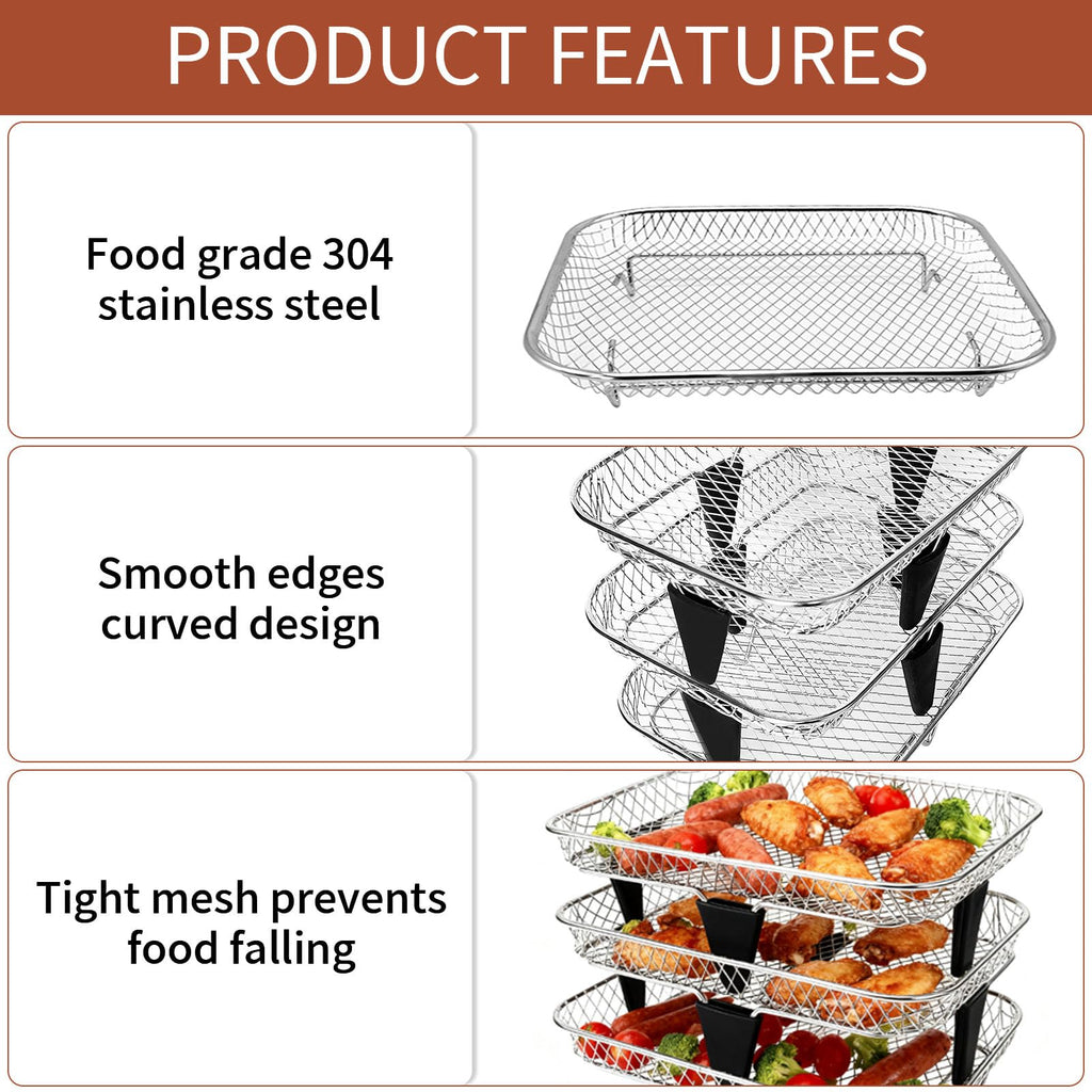 GWYXC 3-Tier Air Fryer Baskets, 7.79×5.23" Stackable Stainless Steel Racks for Ninja Foodi Dual Zone DZ071 DZ090 DZ201 DZ302 DZ401 DZ550 SL401, Rectangular Air Fryer Accessories with Silicone Feet