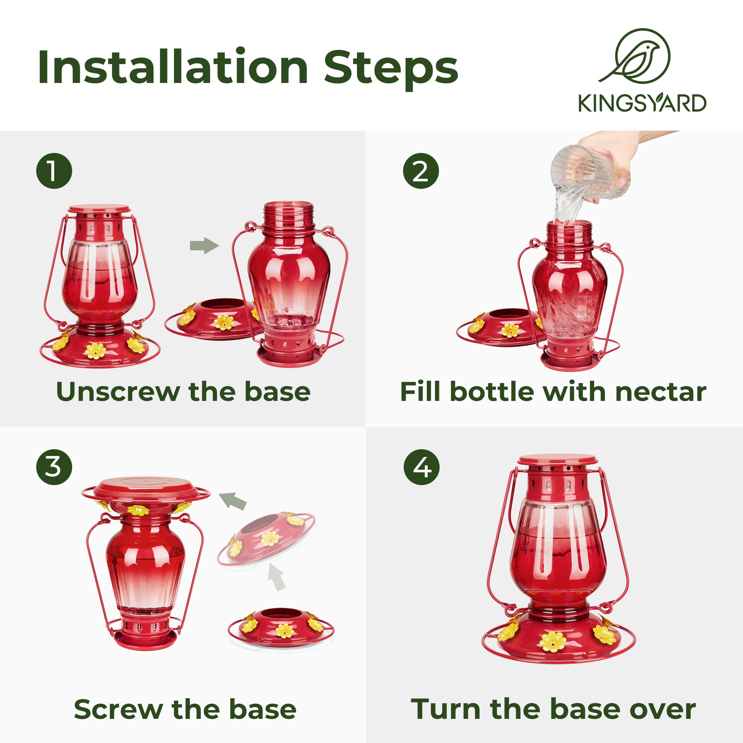 Kingsyard Glass Hummingbird Feeder for Outdoors Hanging - Vintage Lantern Style Leak-Proof Humming Bird Nectar Feeder with 6 Feeding Ports & Ant Moat for Outdoor Garden Decor, 24 Ounce, Red