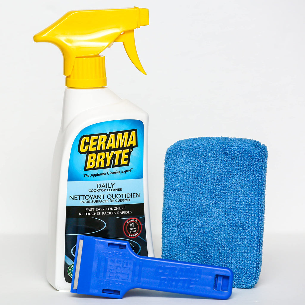 Cerama Bryte Glass Cooktop Cleaner Combo - Touchups Spray for ceramic stove top cleaner + scraper + microfiber pad